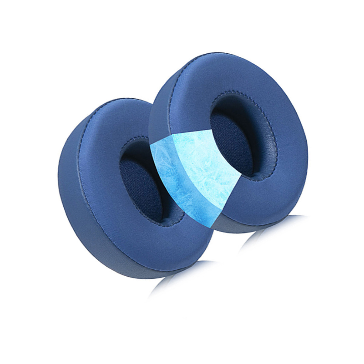 Due cuscinetti auricolari blu per cuffie. Il taglio mostra una schiuma blu e la costruzione interna.