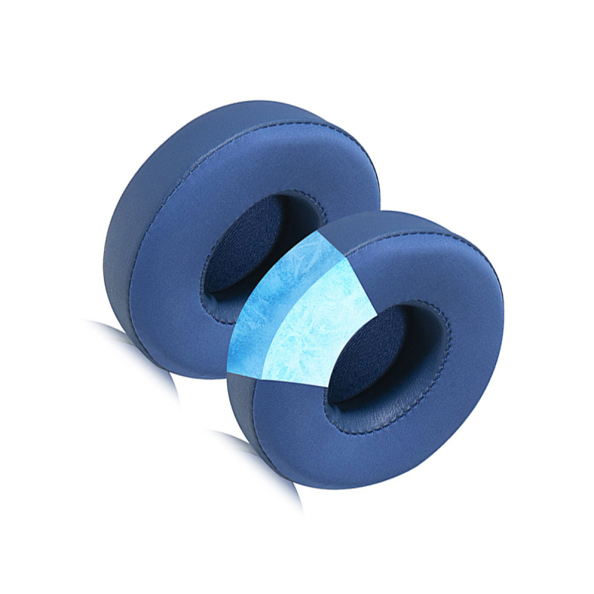 Due cuscinetti auricolari blu per cuffie con un'incisione che mostra l'interno.