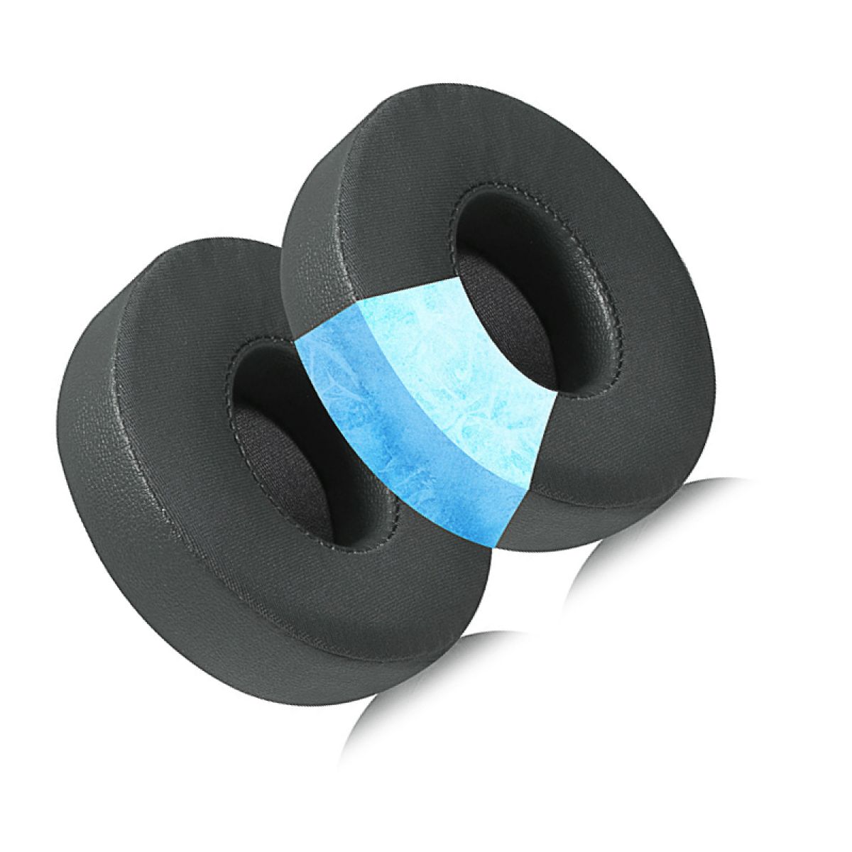 Cuscinetti per cuffie grigi. Schiuma blu visibile nella sezione tagliata.