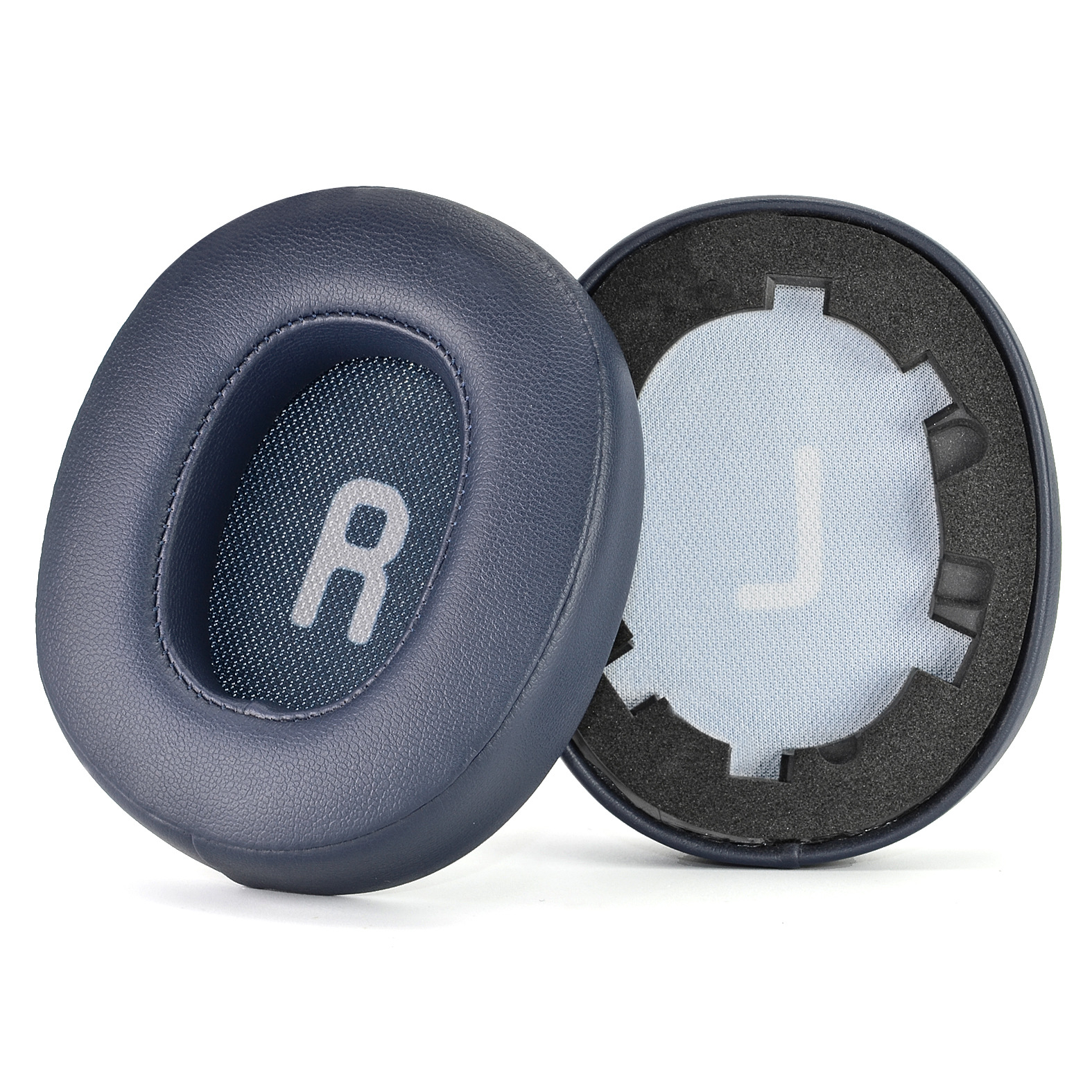 Zwei blau gefärbte Ohrmuscheln mit einem weißen „R“ und „L“ im Inneren auf weißem Hintergrund.