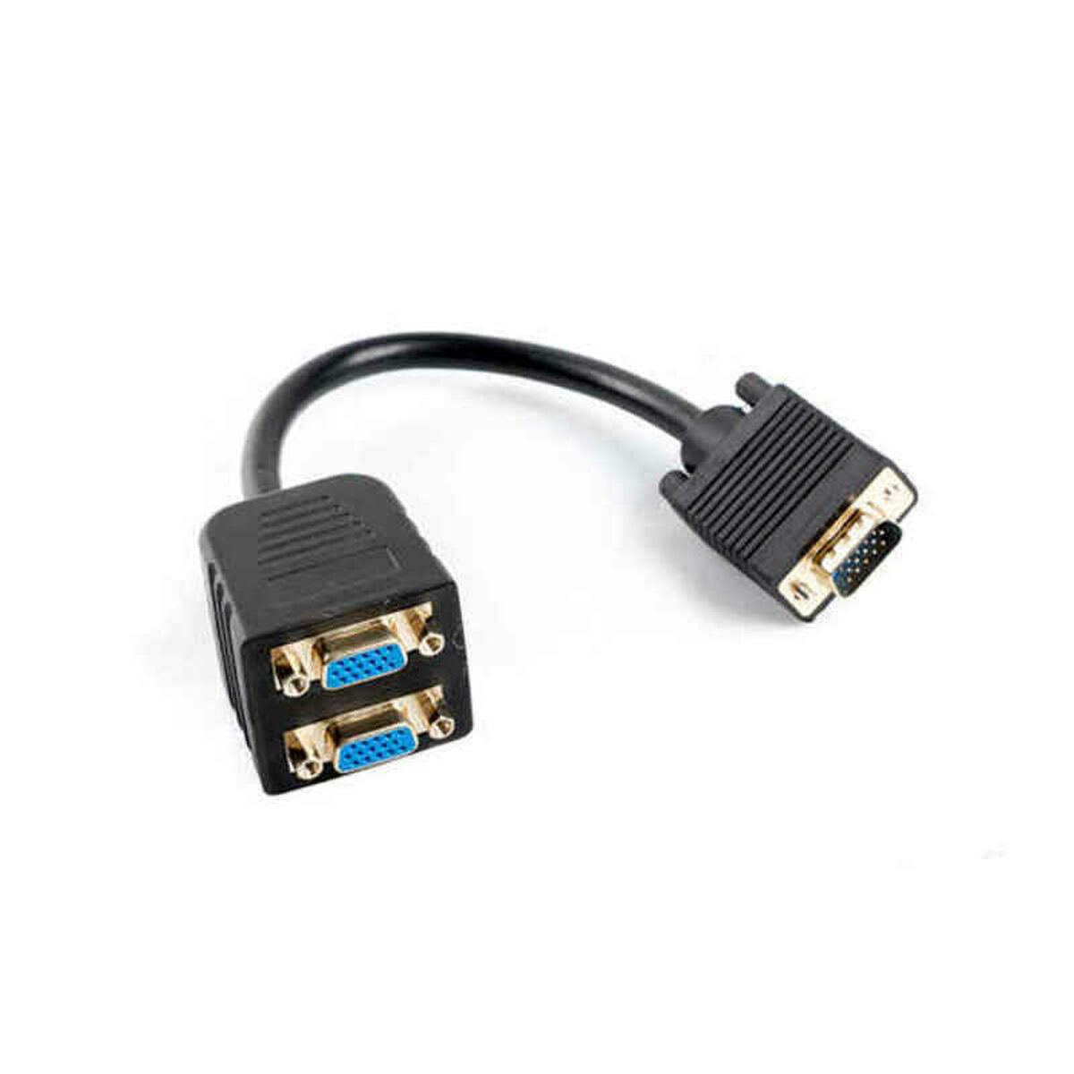 Cavo splitter VGA nero. Due porte VGA su un'estremità, una sull'altra.