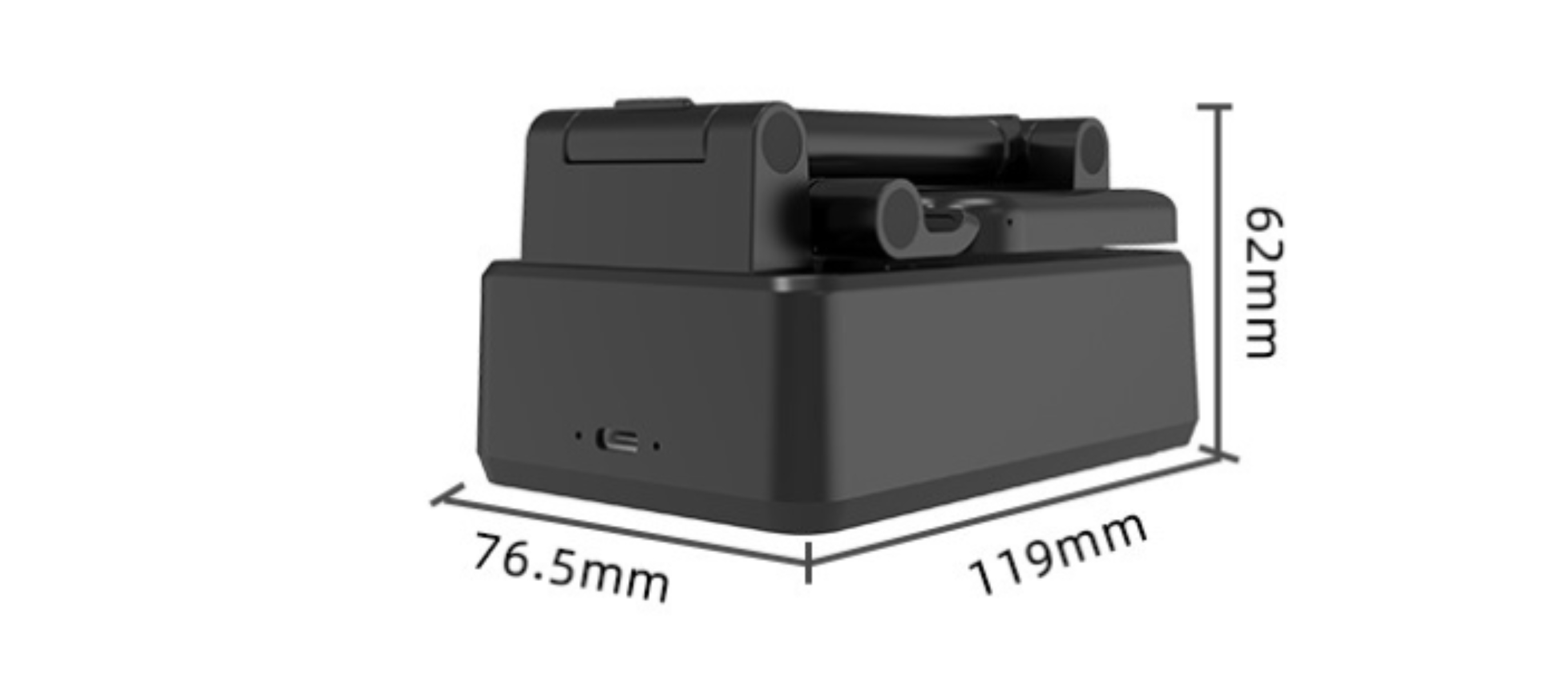 Schwarzes Gerät mit Ständer und Maßen. Enthält einen USB-Anschluss.