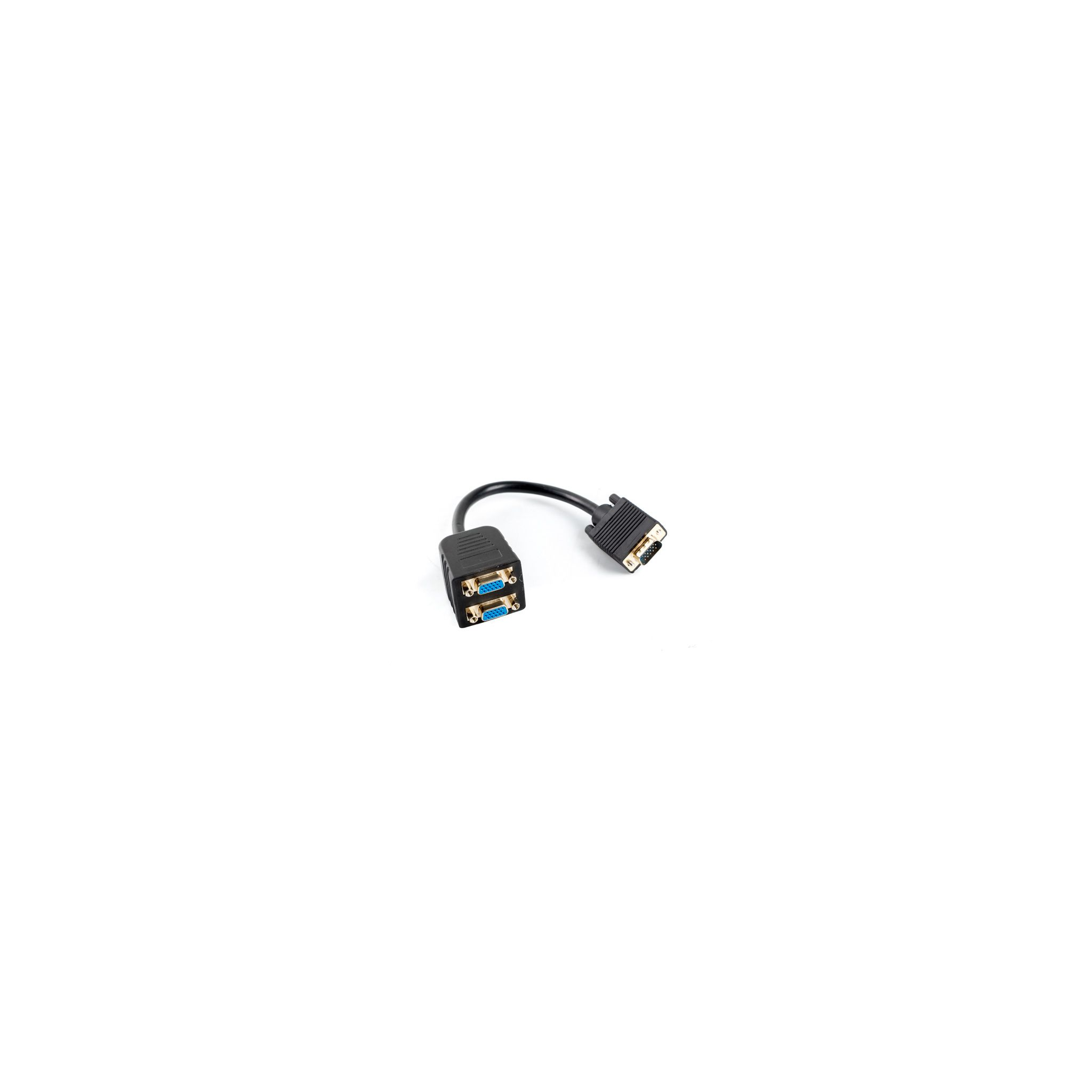 Cavo splitter VGA nero. Due porte VGA su un'estremità, una sull'altra.