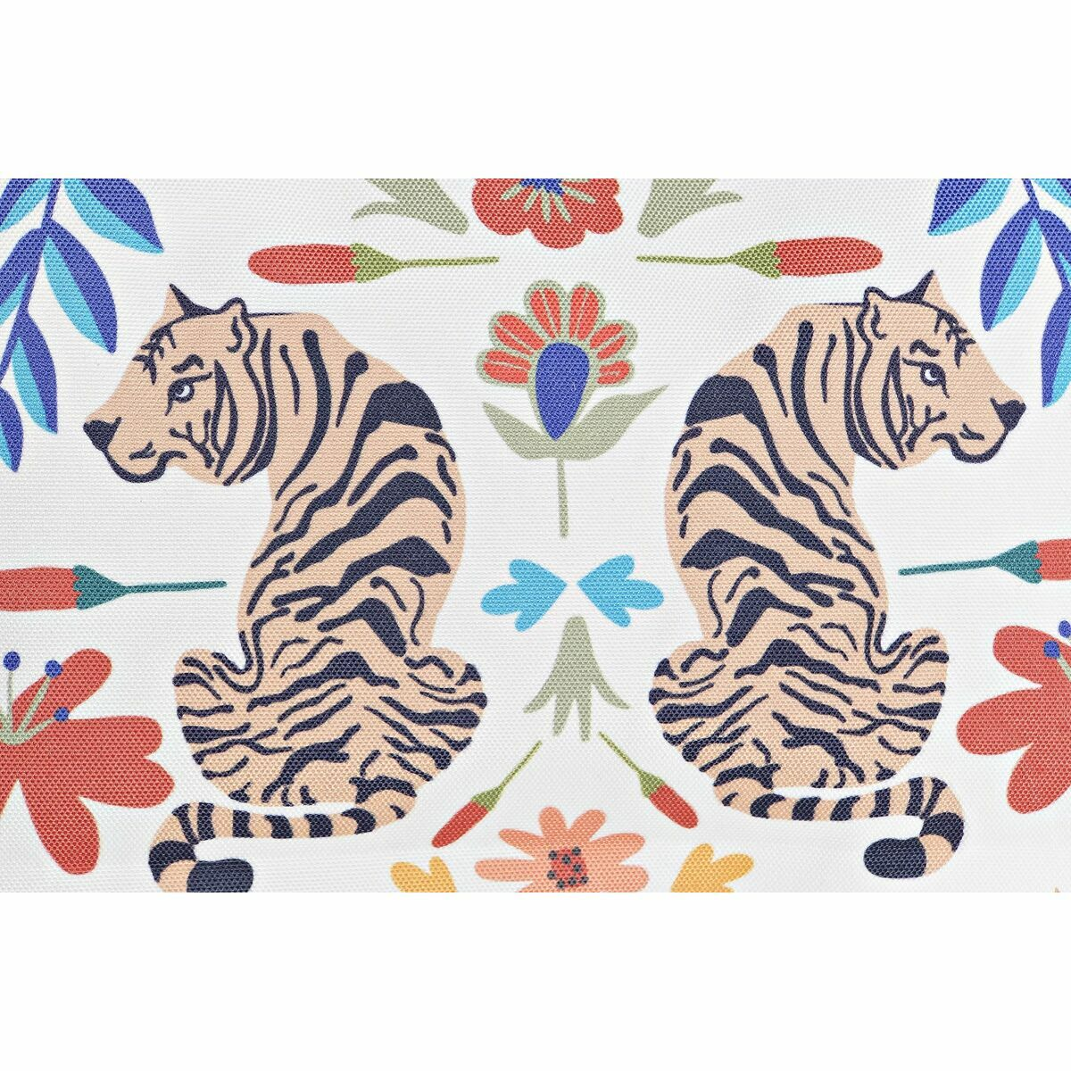 Eine weiße Oberfläche mit zwei Tigern und floralen Mustern. Die Tiger blicken in entgegengesetzte Richtungen.