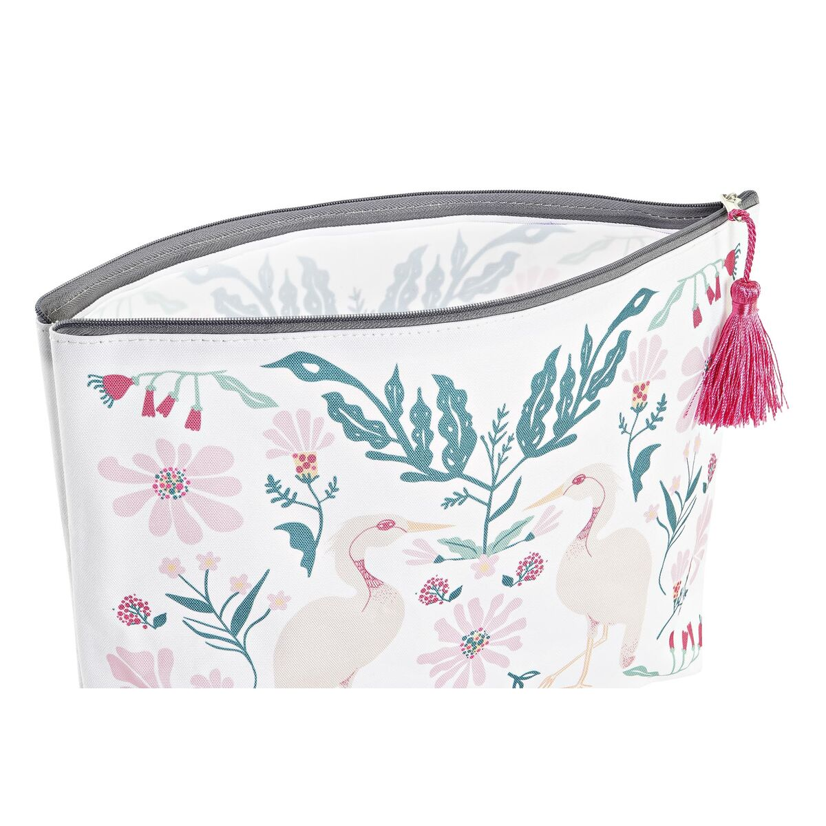 Weiße Kosmetiktasche mit Blumenmustern, offen, mit rosa Quaste.