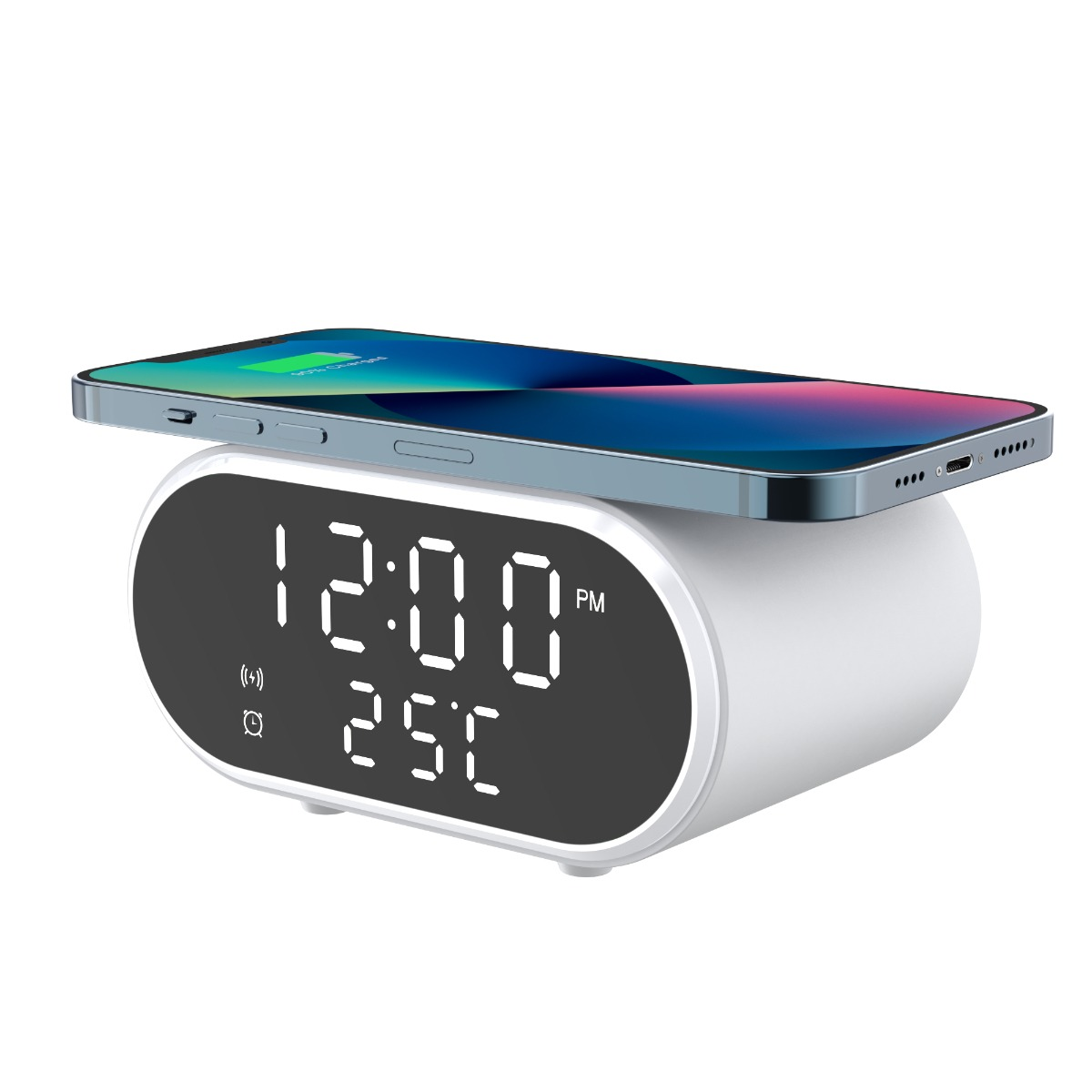 Ein digitaler Wecker mit einem Telefon, das darauf geladen wird. Die Anzeige zeigt Uhrzeit und Temperatur. Die Uhr ist weiß.