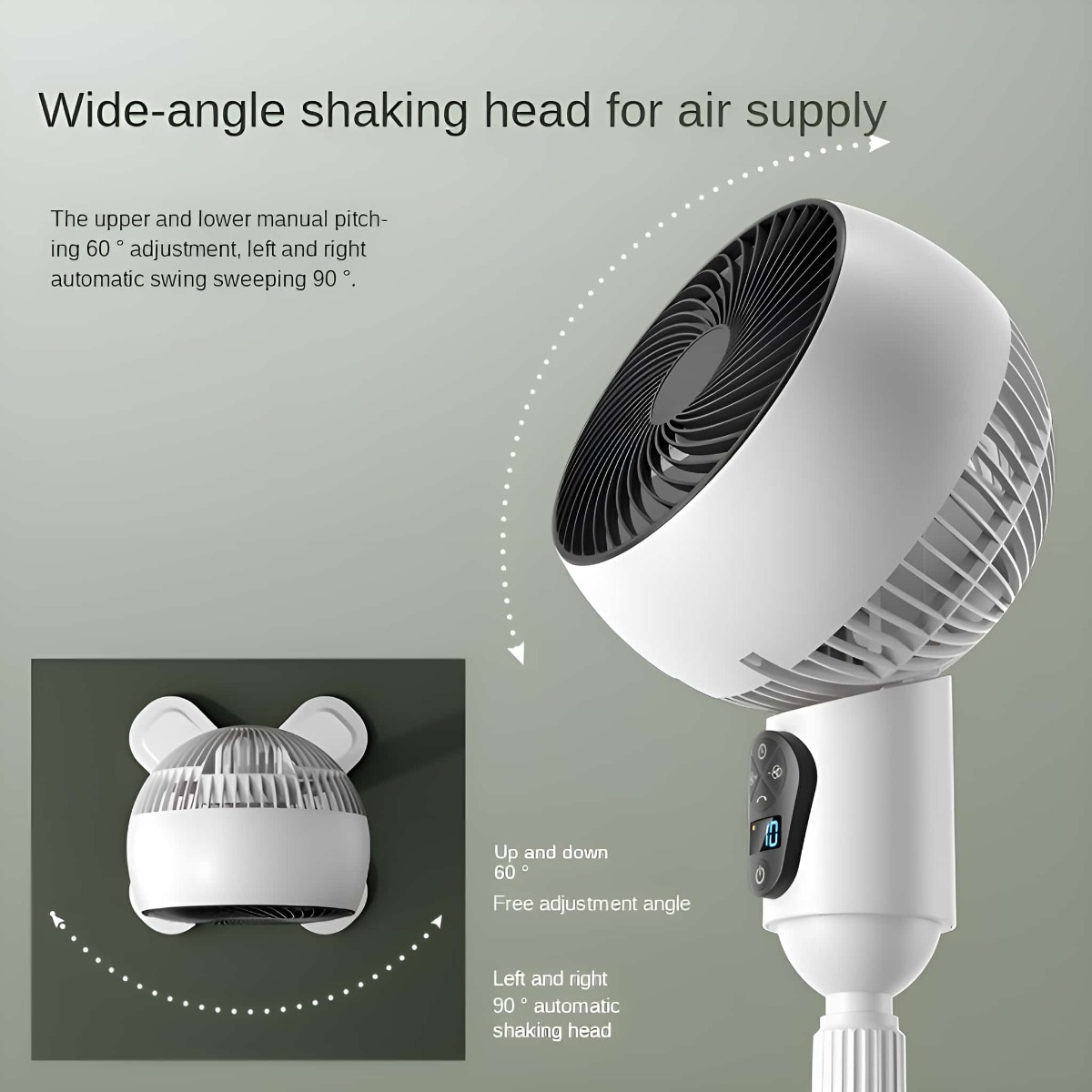 Weißer Ventilator mit Bedienfeld und Text über Weitwinkel-Kopfbewegung.