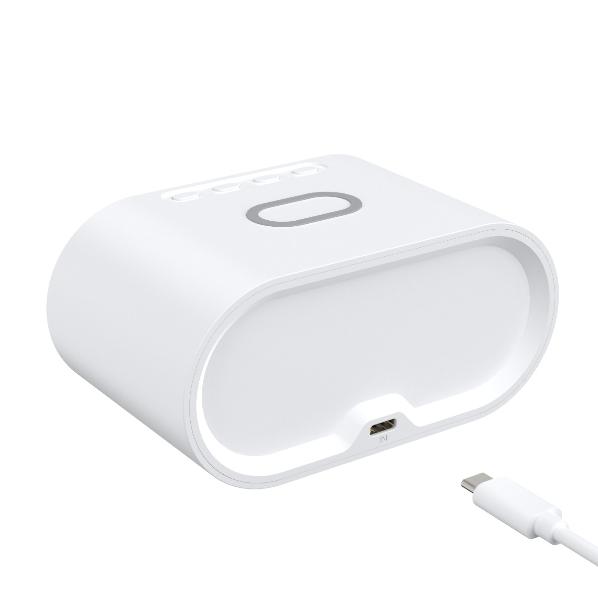 Weißes Gerät mit drei Knöpfen und USB-Anschluss. Weißes USB-Kabel. Weißer Hintergrund.