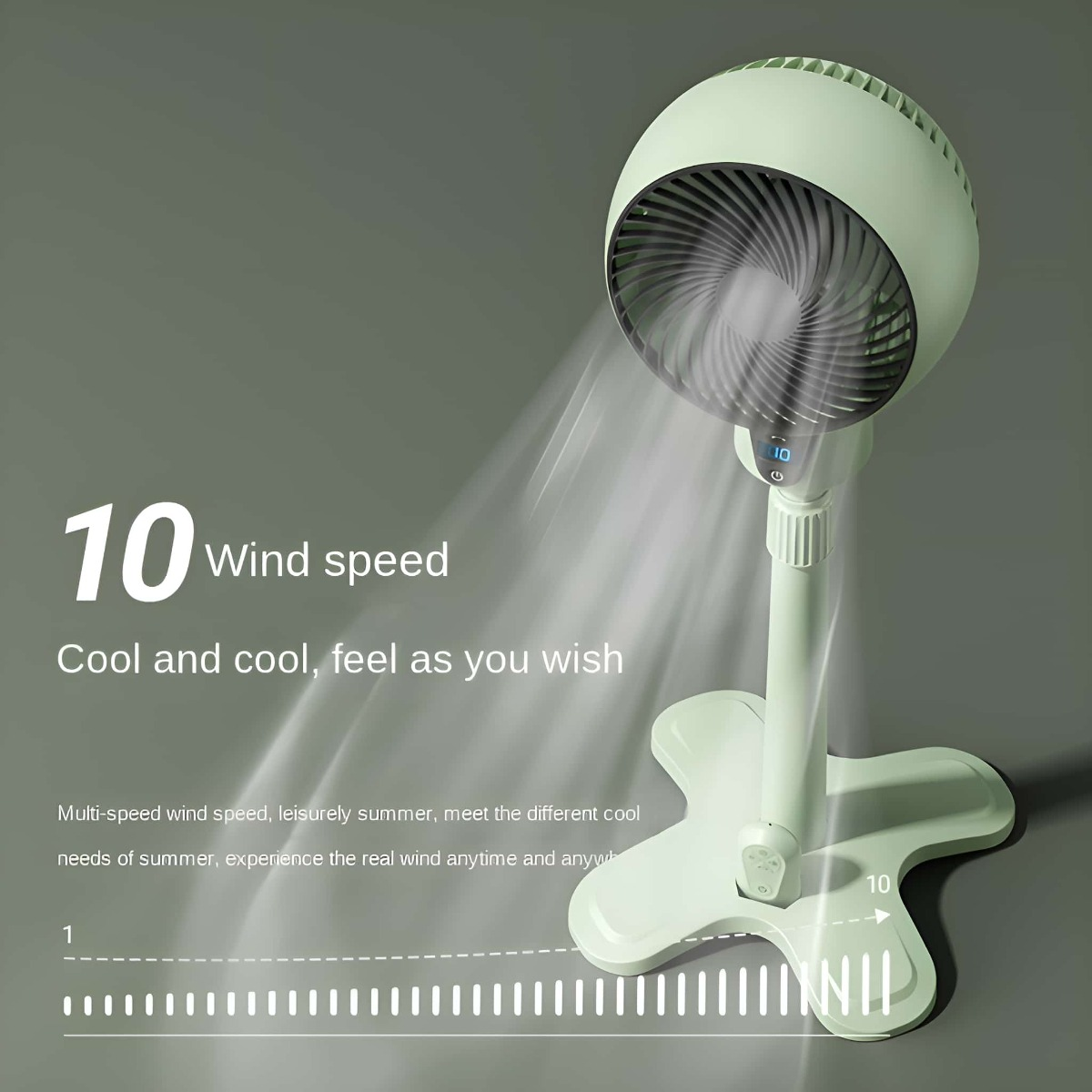 Ein grüner Ventilator mit 10 Windgeschwindigkeiten. Der Ventilator steht auf einem Ständer. Der Hintergrund ist grau.