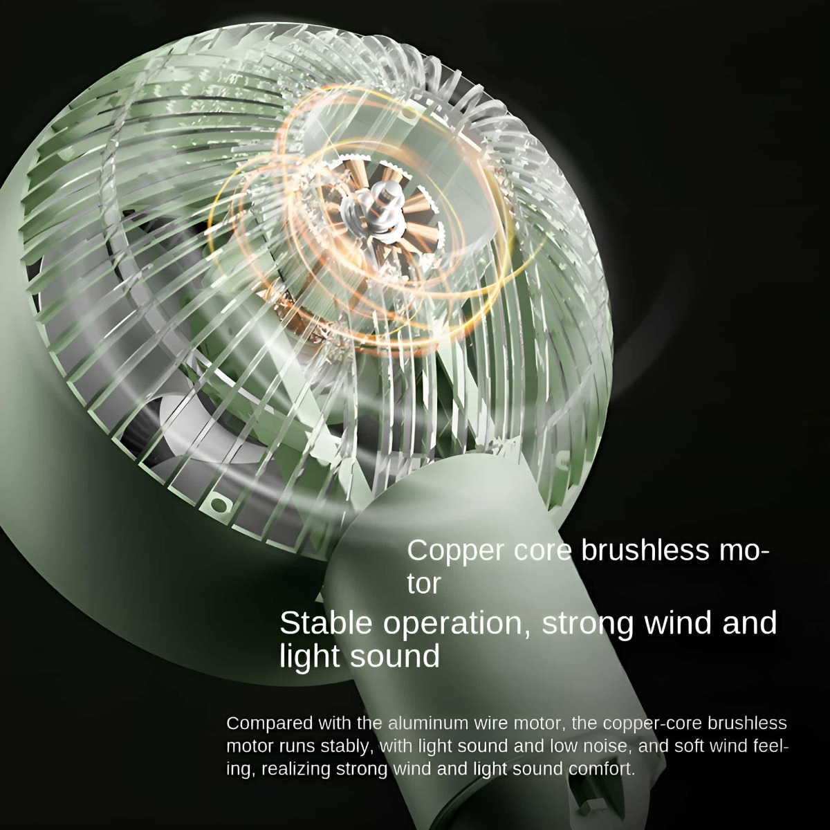 Grüner Ventilator mit Text: Kupferkern, bürstenloser Motor, stabiler Betrieb, starker Wind und leichter Sound.