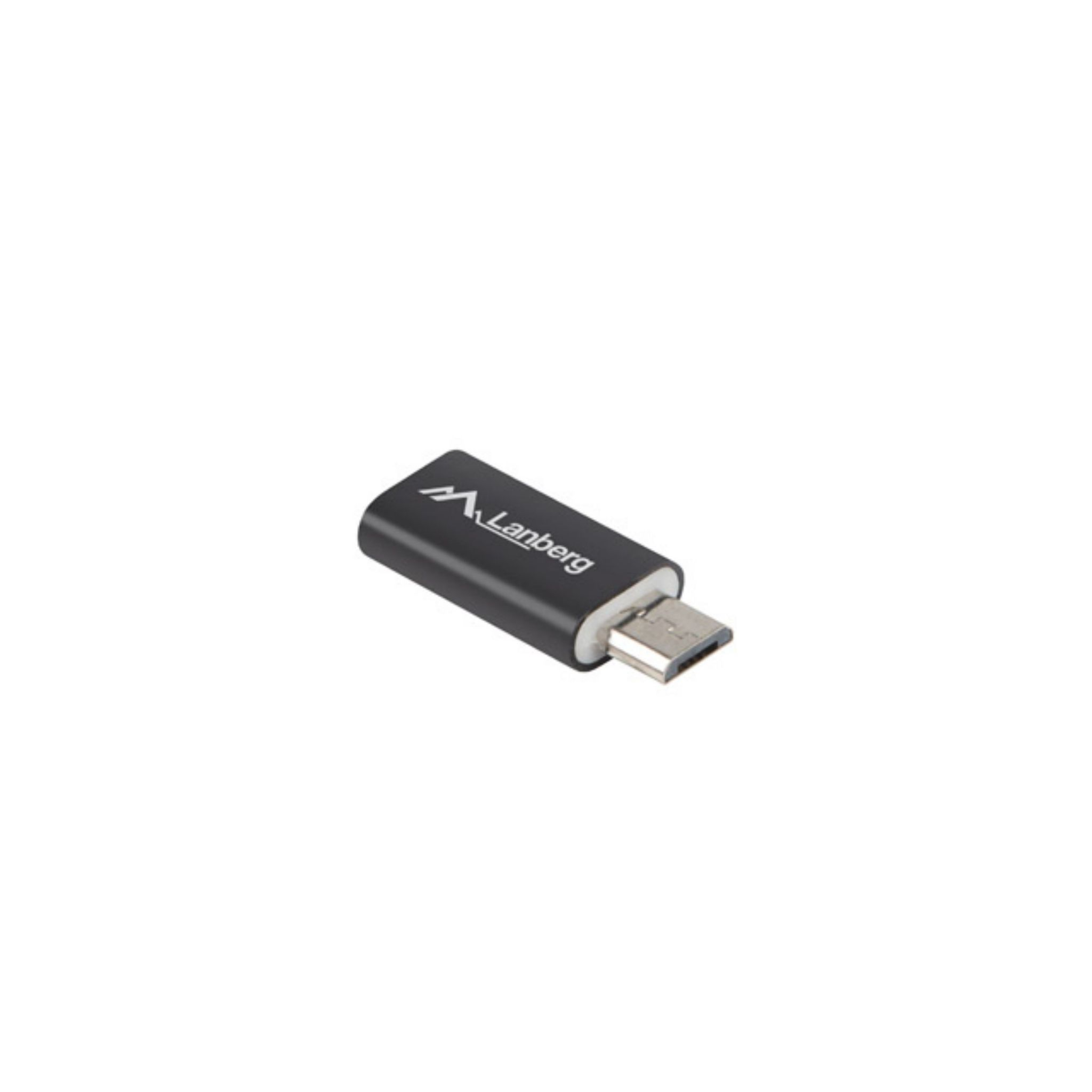 Un adaptador USB-C Lanberg negro sobre fondo blanco.