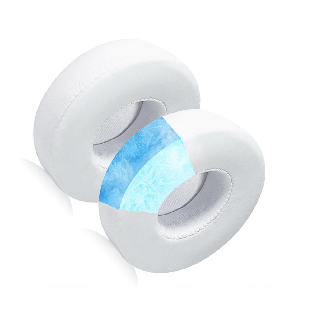 Cuscinetti auricolari bianchi per cuffie. I cuscinetti sono tagliati per mostrare il materiale blu interno.