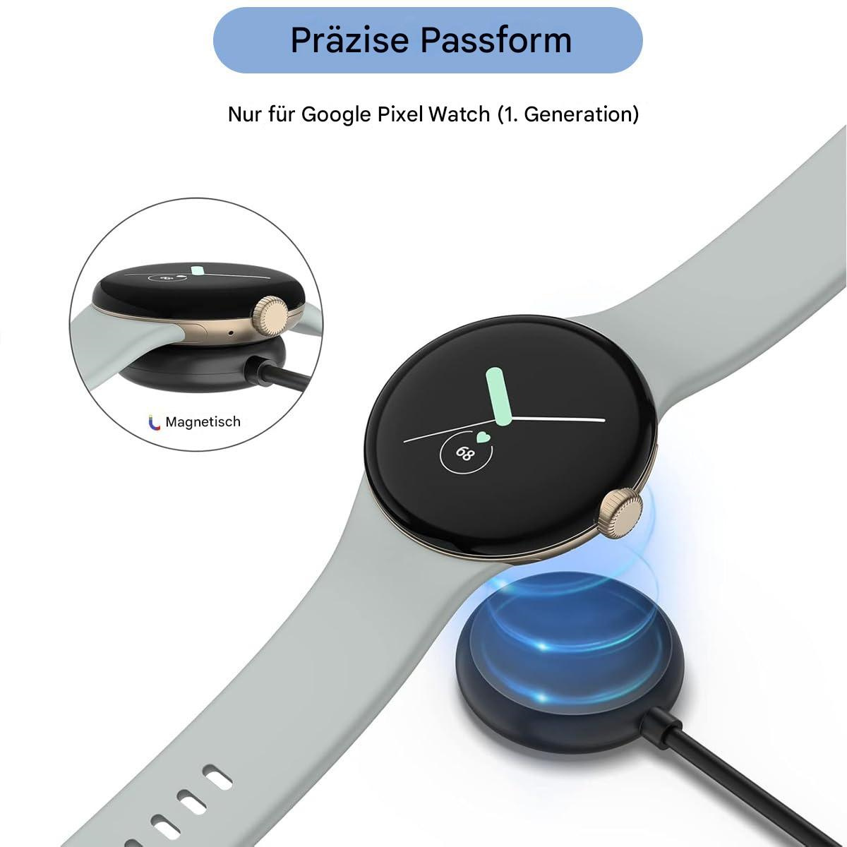 Eine Smartwatch, die auf einem kreisförmigen Ladepad mit blauem Licht geladen wird.