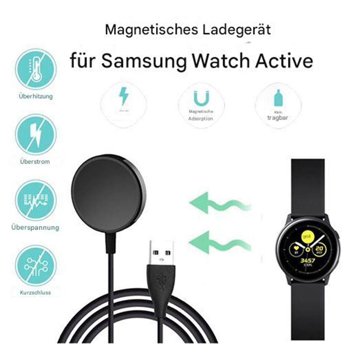 Ein schwarzes Ladepad und Kabel für eine Samsung Watch Active, mit Symbolen und einer Uhr.