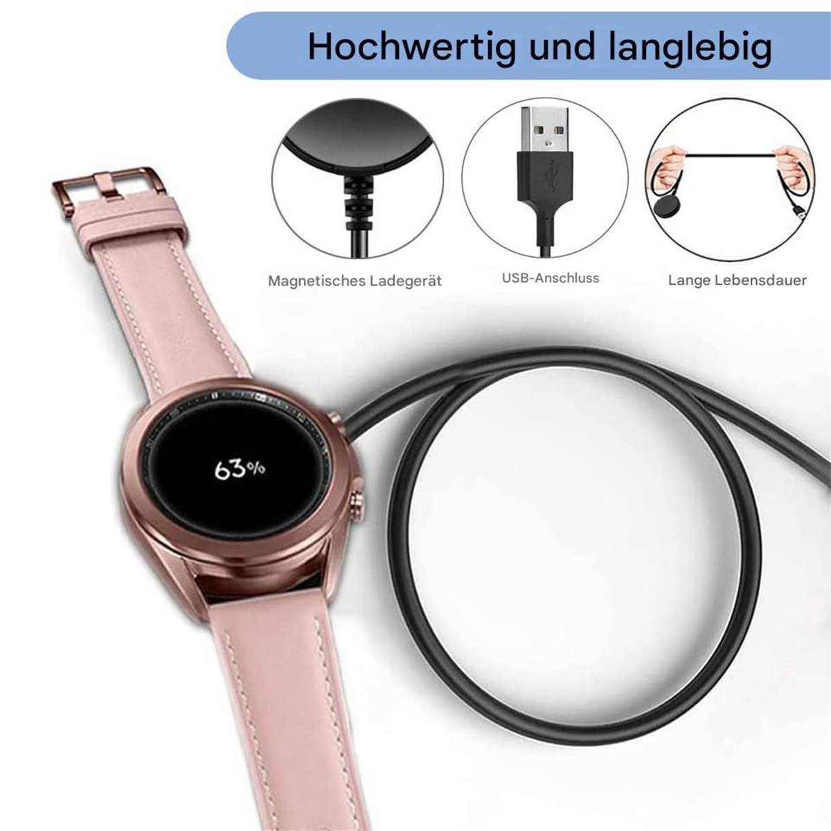 Eine Smartwatch mit pinkfarbenem Armband, wird geladen. Ein Ladegerät und USB-Kabel werden gezeigt.