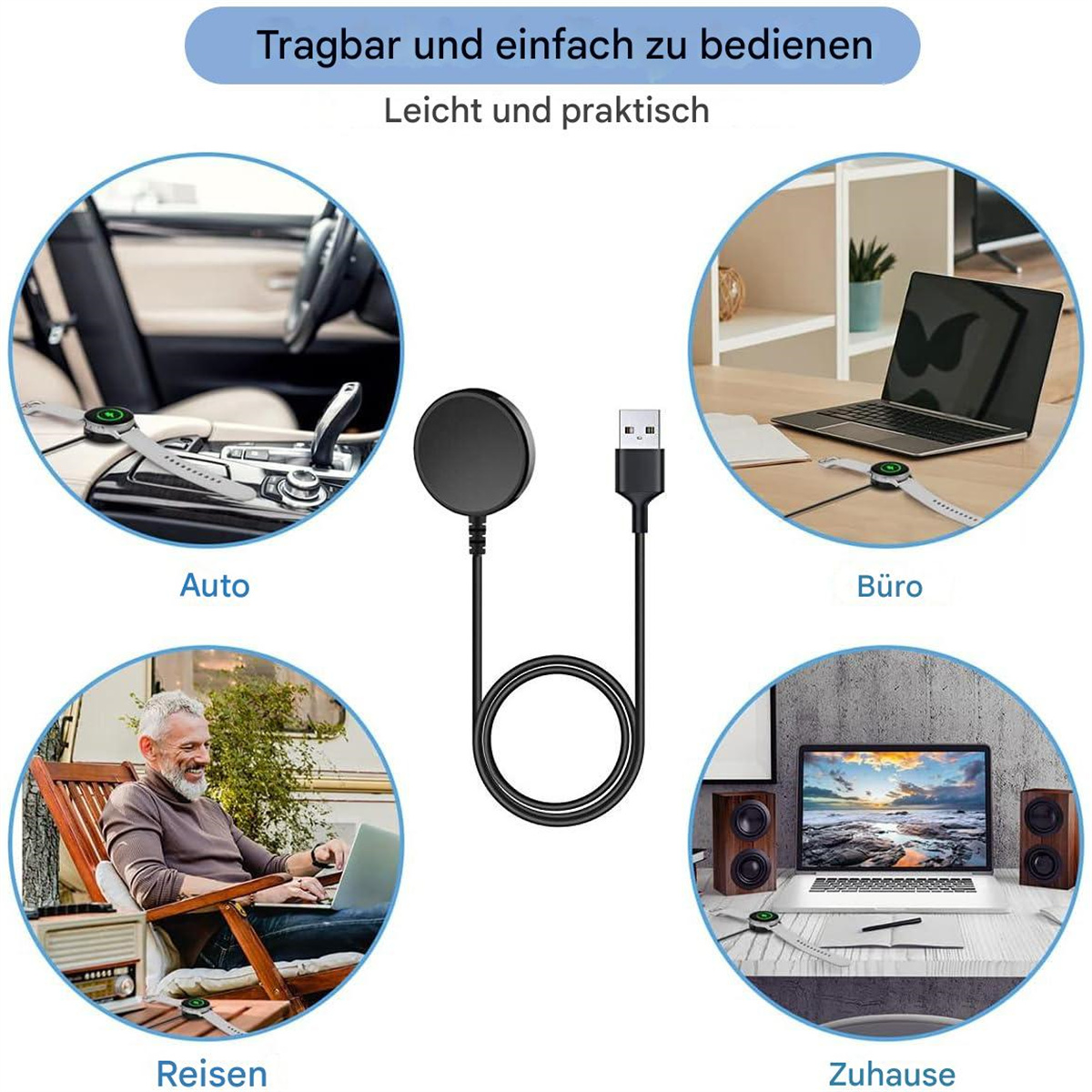 Ein Ladepad mit USB-Kabel und Bildern seiner Verwendung in Auto, Büro, Reise und Zuhause.