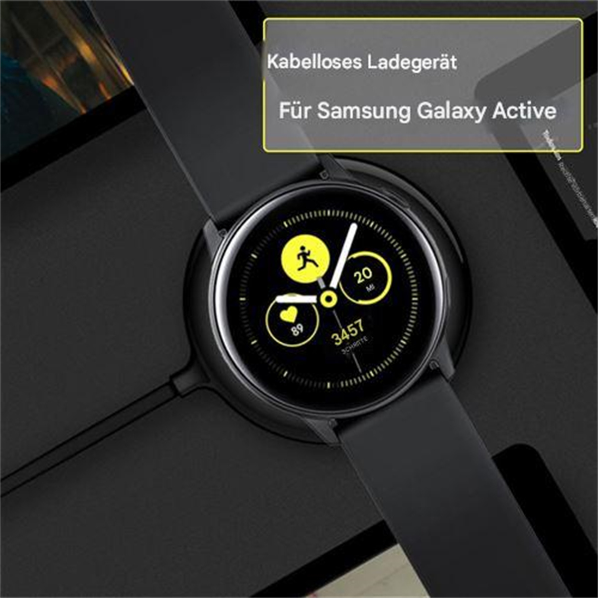 Eine schwarze Smartwatch mit kreisförmigem Display, das Schritte und Daten zeigt.