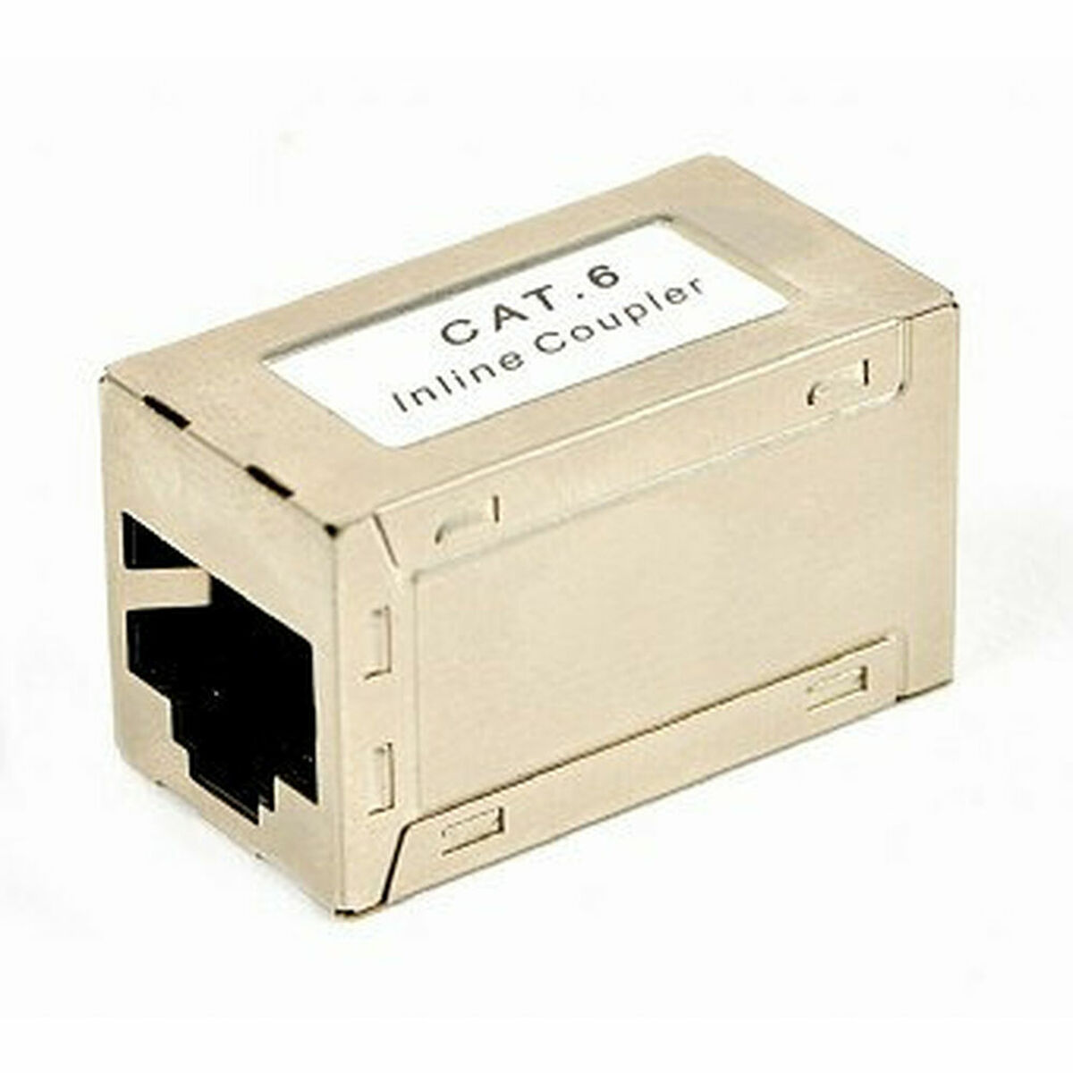 Accoppiatore in linea CAT.6 in metallo argentato con porte. Sfondo bianco.