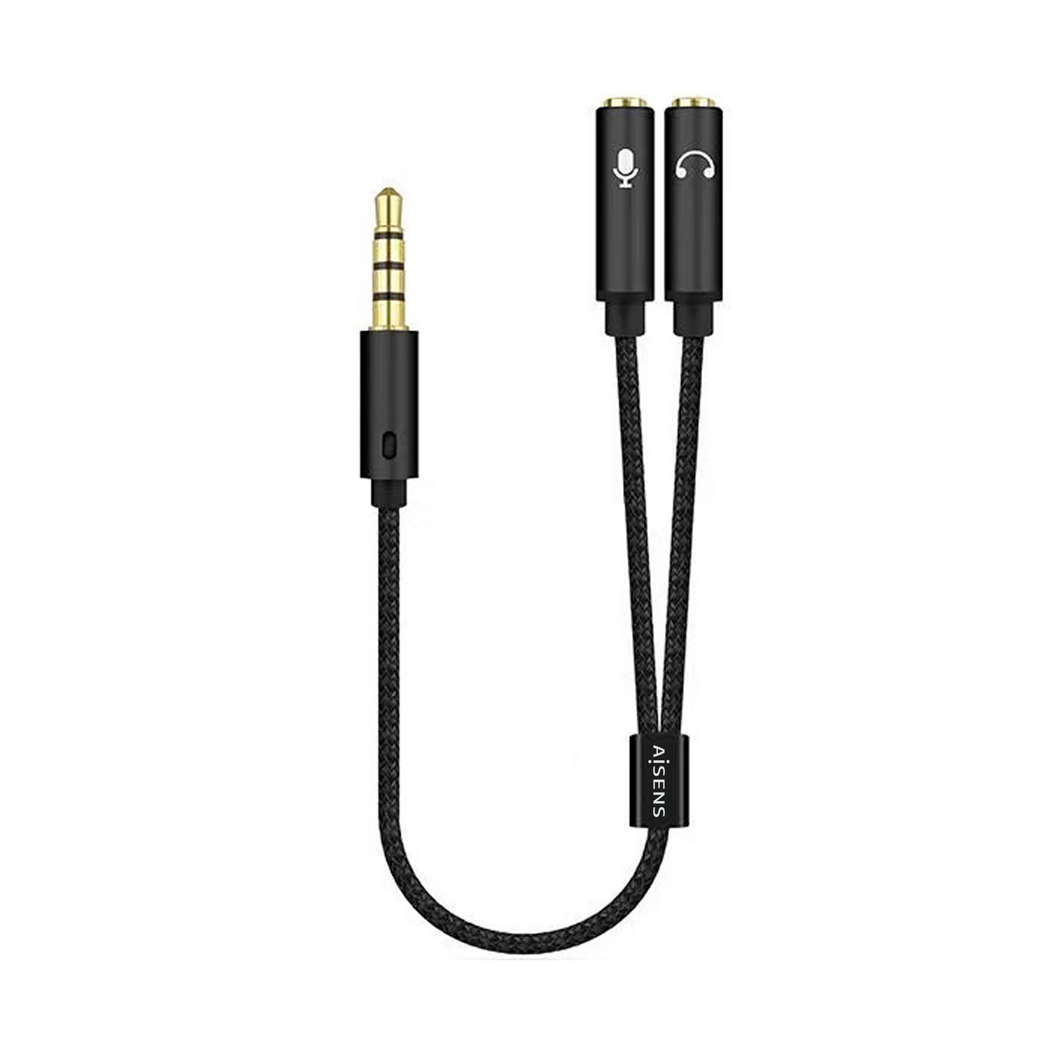 Cable divisor de audio. Un jack de 3,5 mm y dos puertos de 3,5 mm para micrófono y auriculares.
