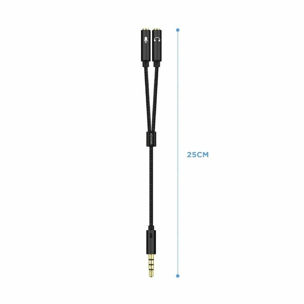 Cable divisor de audio. Un jack de 3,5 mm y dos puertos de 3,5 mm para micrófono y auriculares.