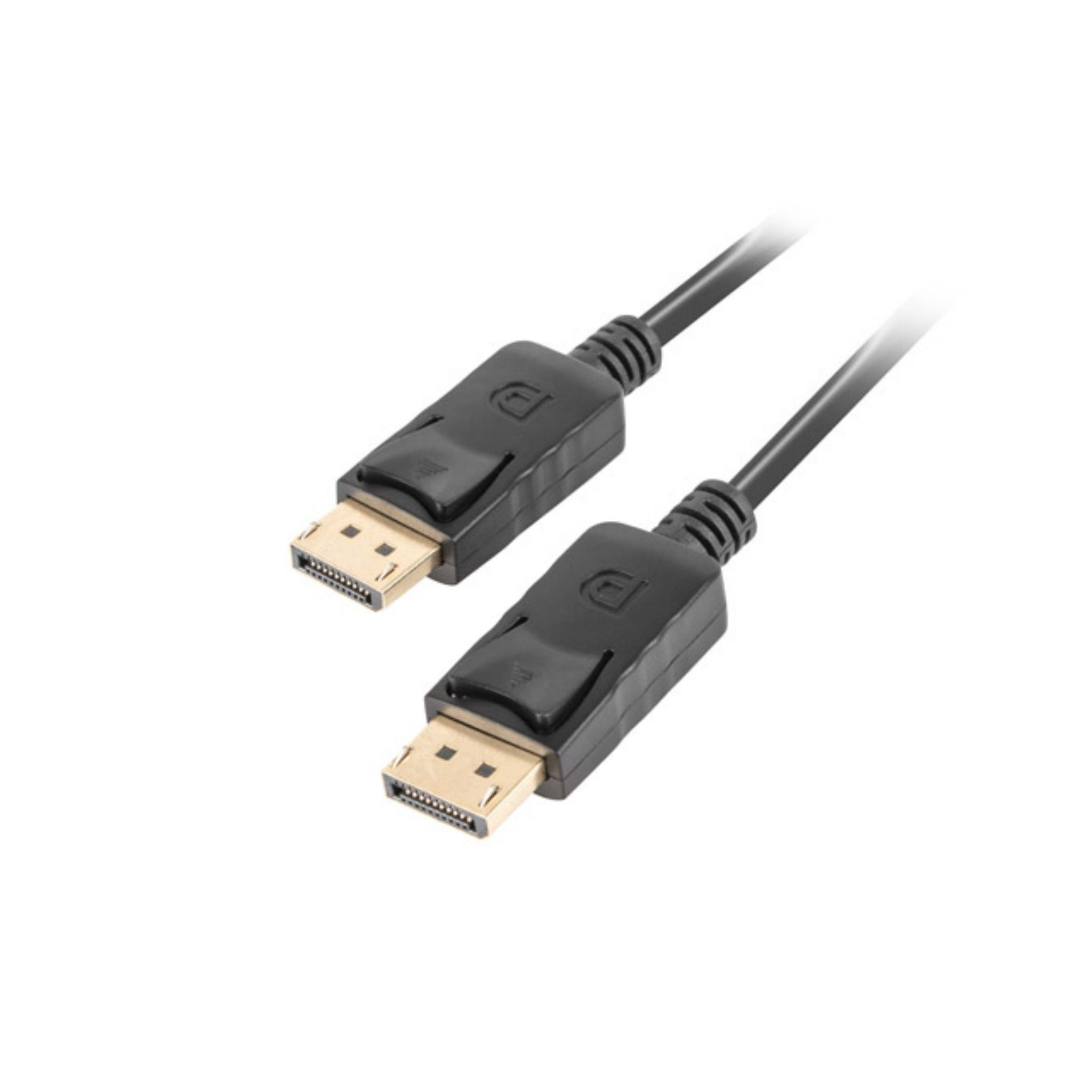 Czarny kabel DisplayPort. Czarny kabel ze złączami DisplayPort na obu końcach.