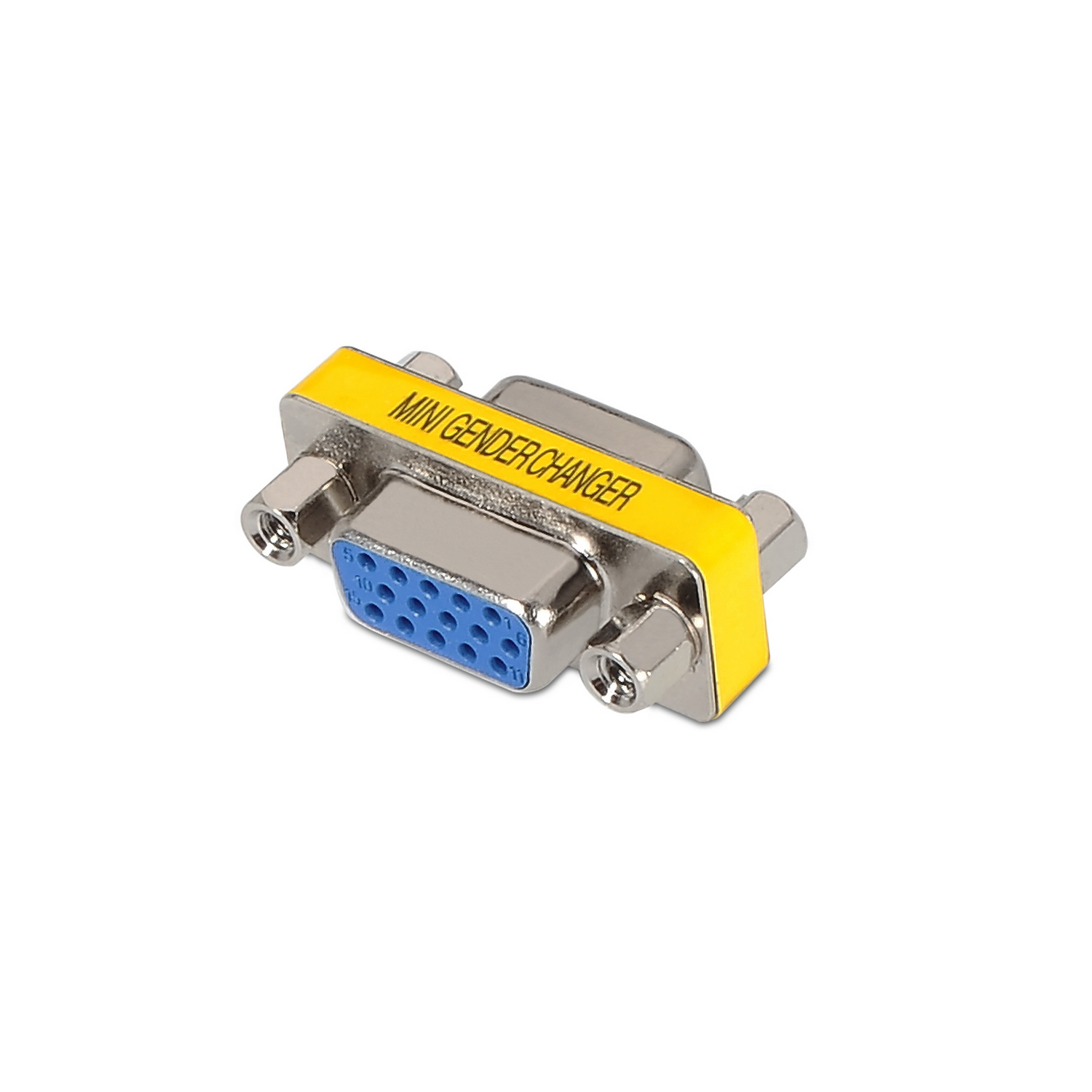 Un mini gender changer VGA argento con pin blu ed etichetta gialla, isolato su bianco.