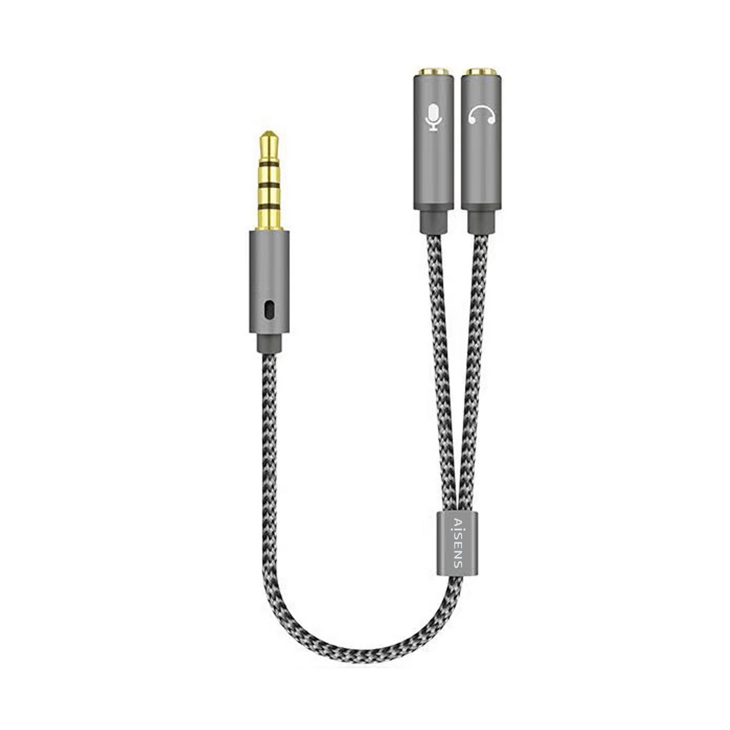 Un cavo splitter audio grigio con due prese femmina e una spina maschio. Sfondo bianco.