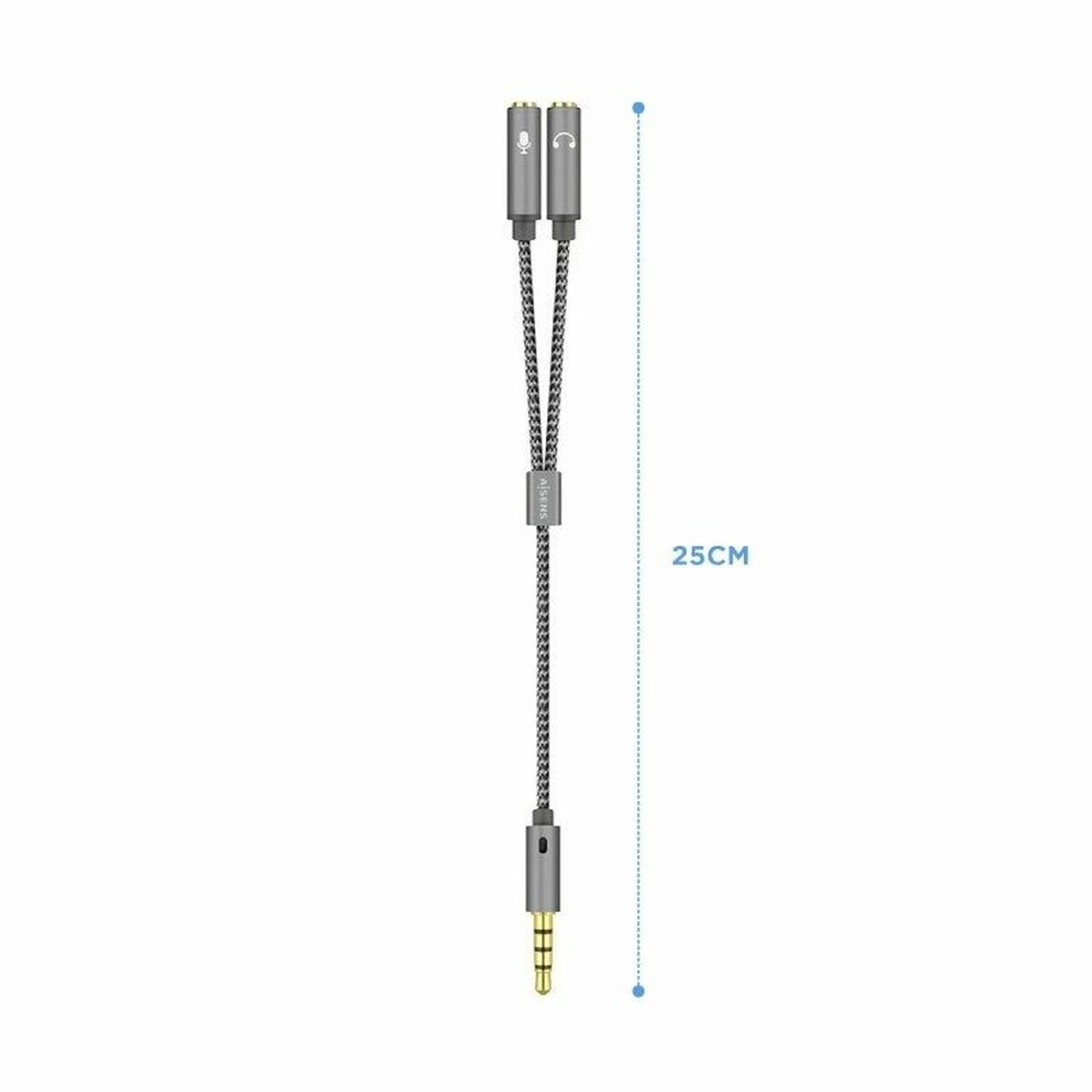 Un cavo splitter audio grigio con due prese femmina e una spina maschio, lungo 25 cm. Sfondo bianco.