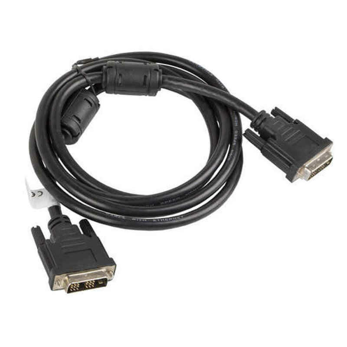 Zwarte DVI-kabel met DVI-connectoren. De achtergrond is wit.