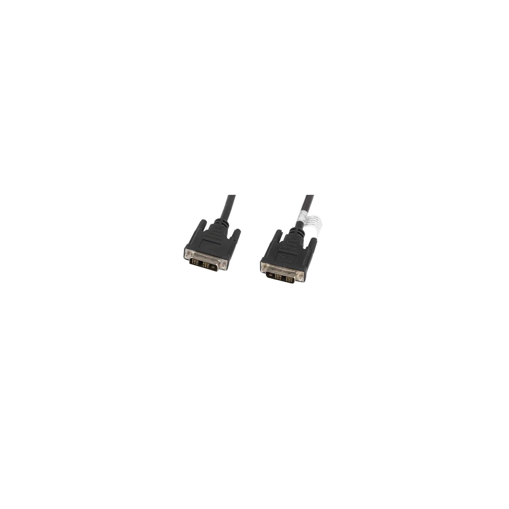 Zwarte DVI-kabel met DVI-connectoren. De achtergrond is wit.