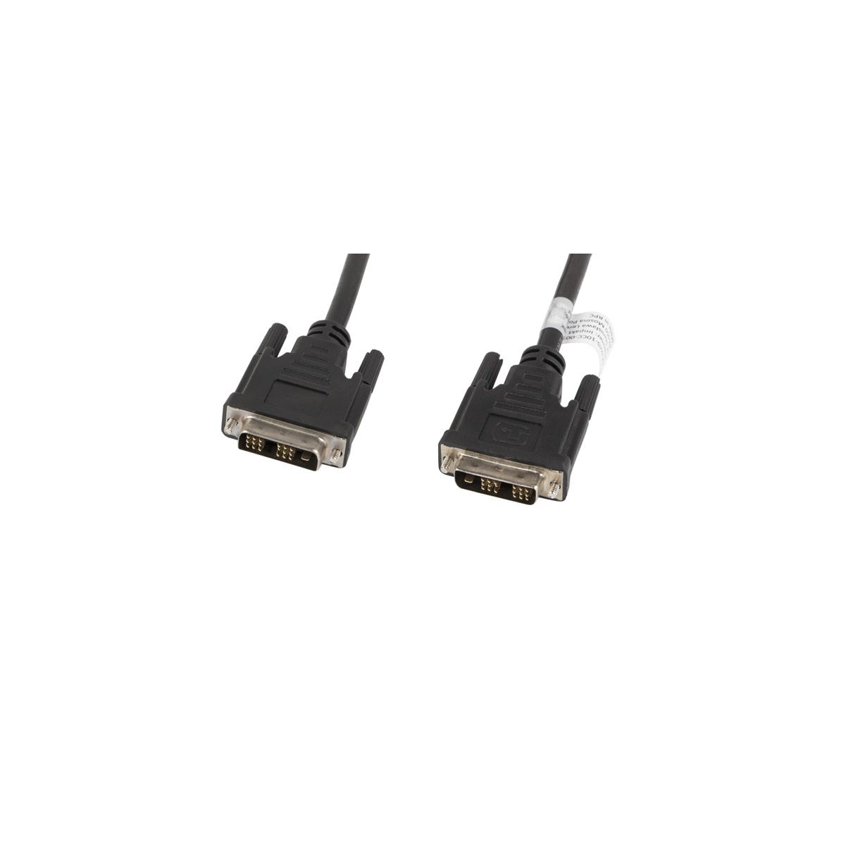 Zwarte DVI-kabel met DVI-connectoren. De achtergrond is wit.