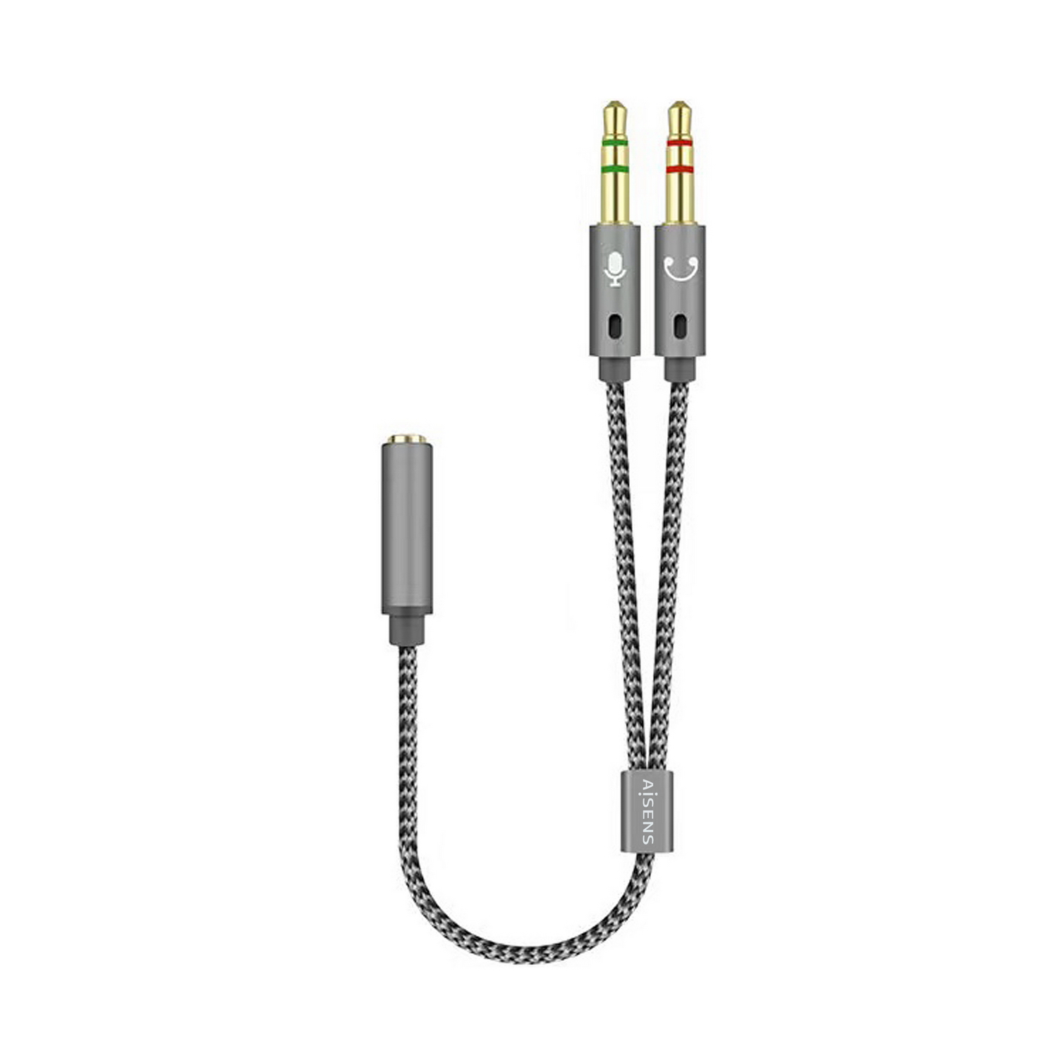 Cavo adattatore audio grigio e nero con due connettori maschio e uno femmina.