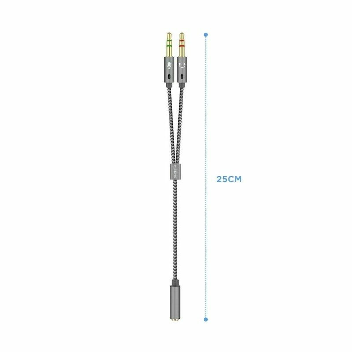 Cavo adattatore audio grigio e nero. Mostra una lunghezza di 25 cm.