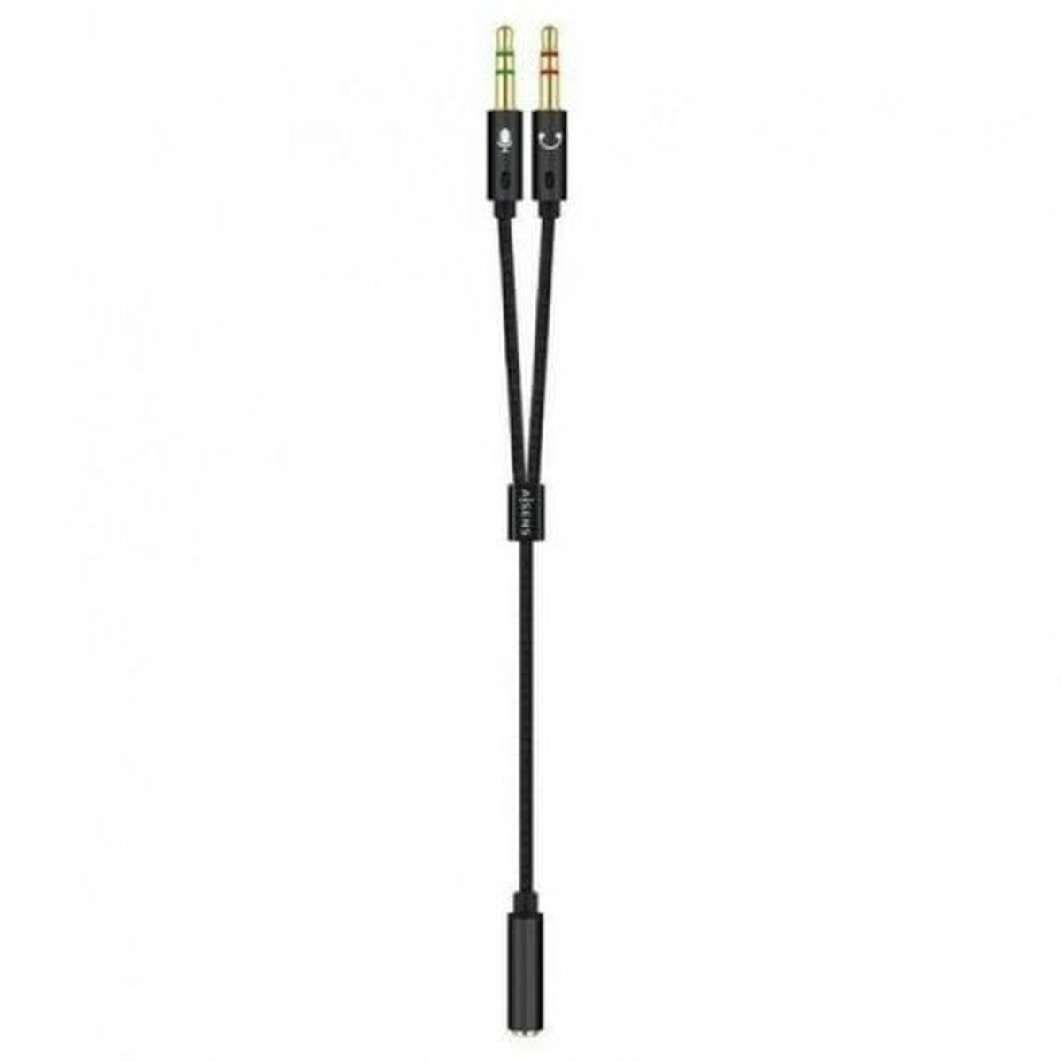 Un cavo adattatore audio nero con due connettori maschio e uno femmina.