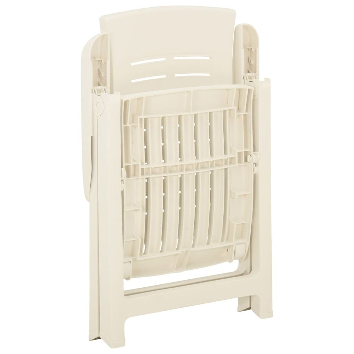 Sedia in plastica beige piegata, vista da dietro, con schienale e seduta a fessura.