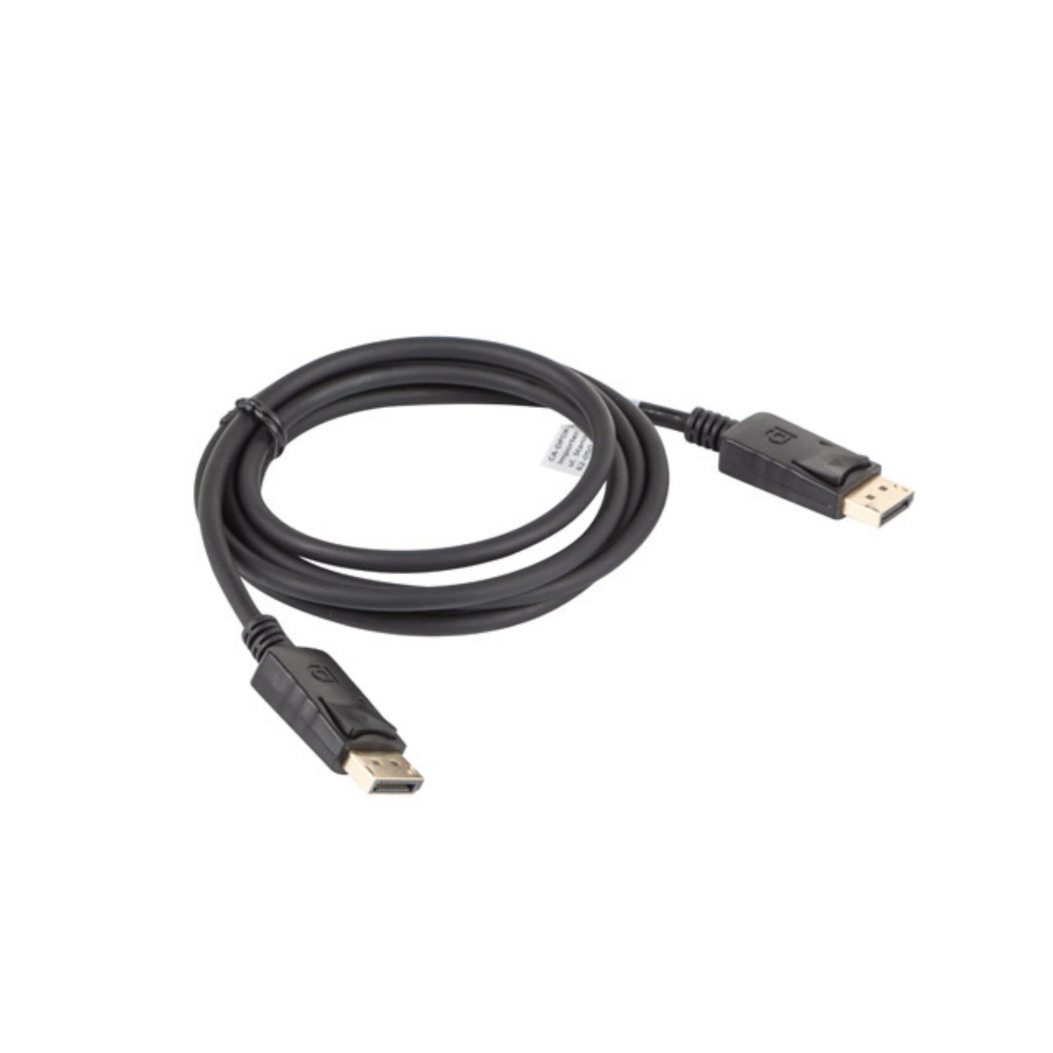 Zwinięty czarny kabel DisplayPort z dwoma złączami.