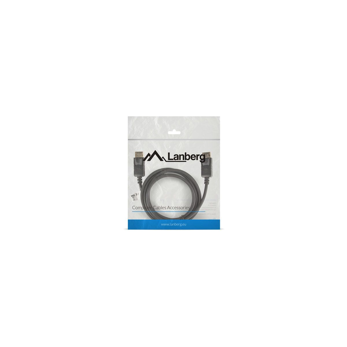 Kabel DisplayPort marki Lanberg w przezroczystym plastikowym opakowaniu.