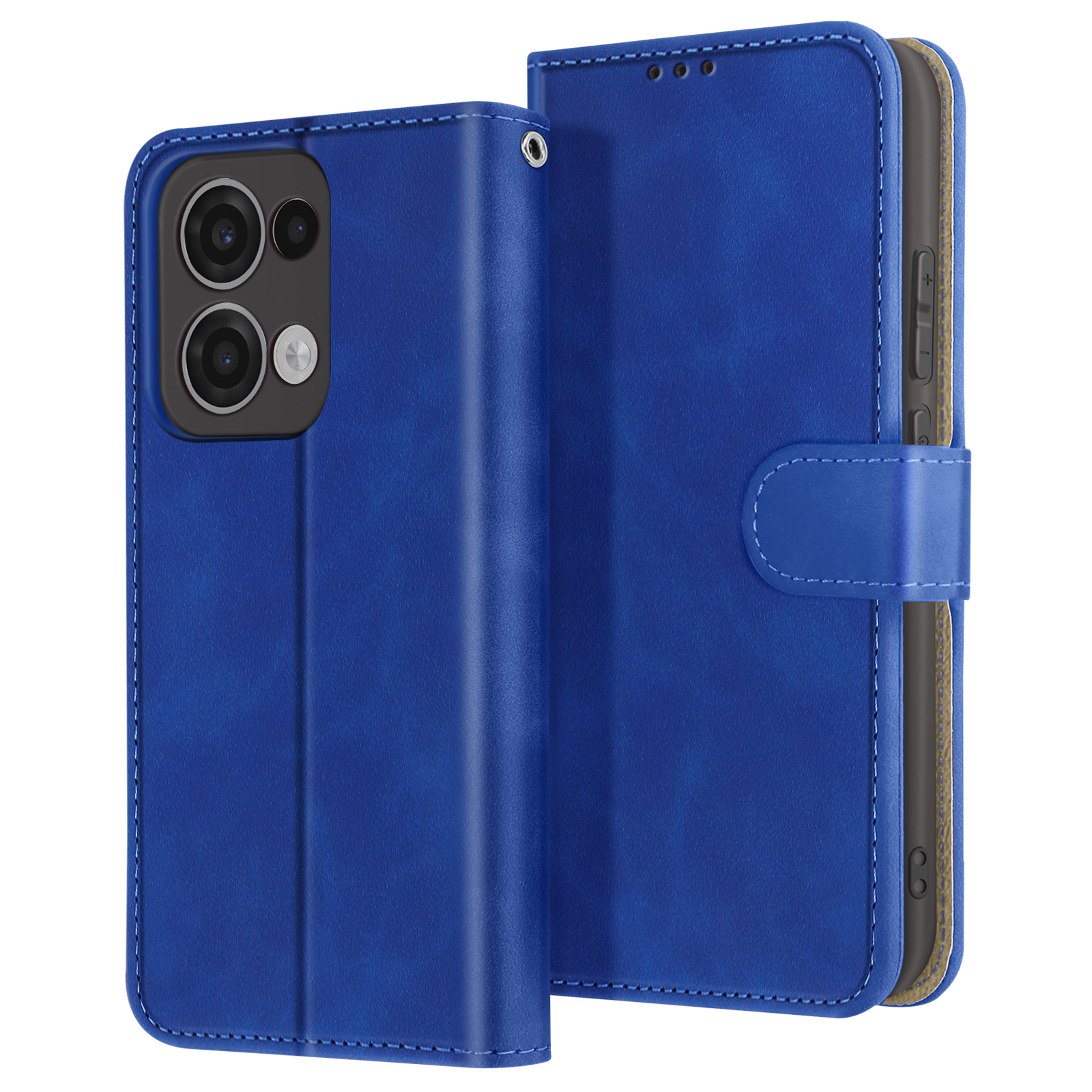 Custodia per telefono in pelle blu, aperta. Mostra un telefono all'interno, con chiusura magnetica e pulsanti.