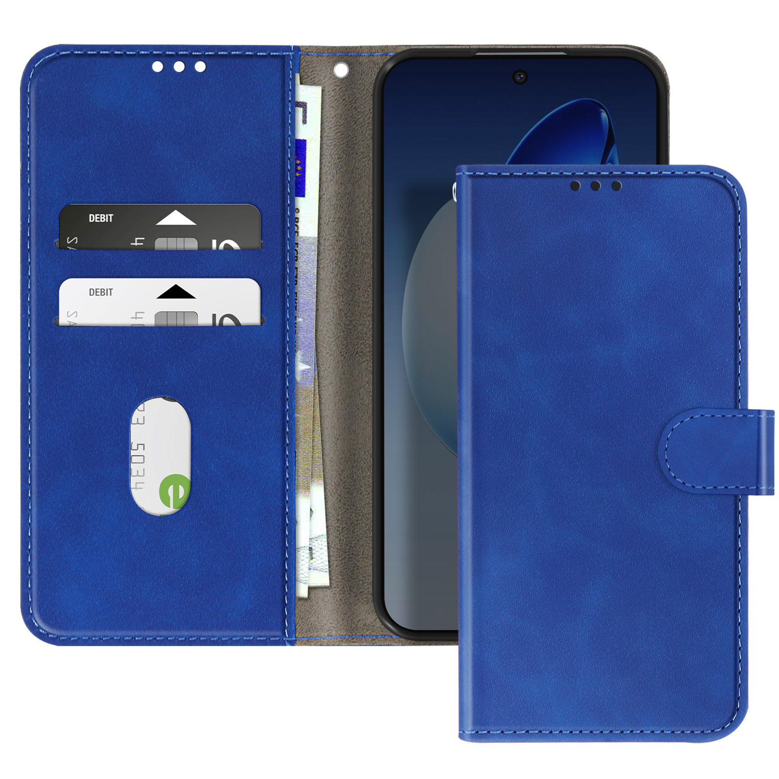 Custodia blu per telefono. Ha fessure per carte e contanti. Un telefono è all'interno della custodia. La custodia si chiude con un bottone.