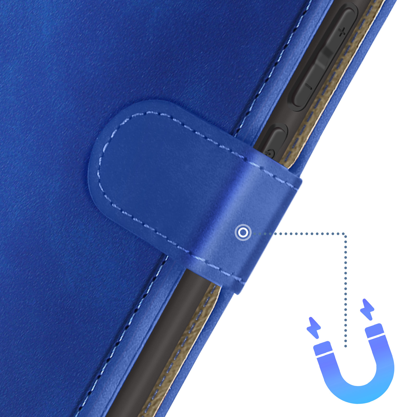 Una custodia per tablet blu con chiusura magnetica. Un simbolo magnetico indica la funzione della chiusura.