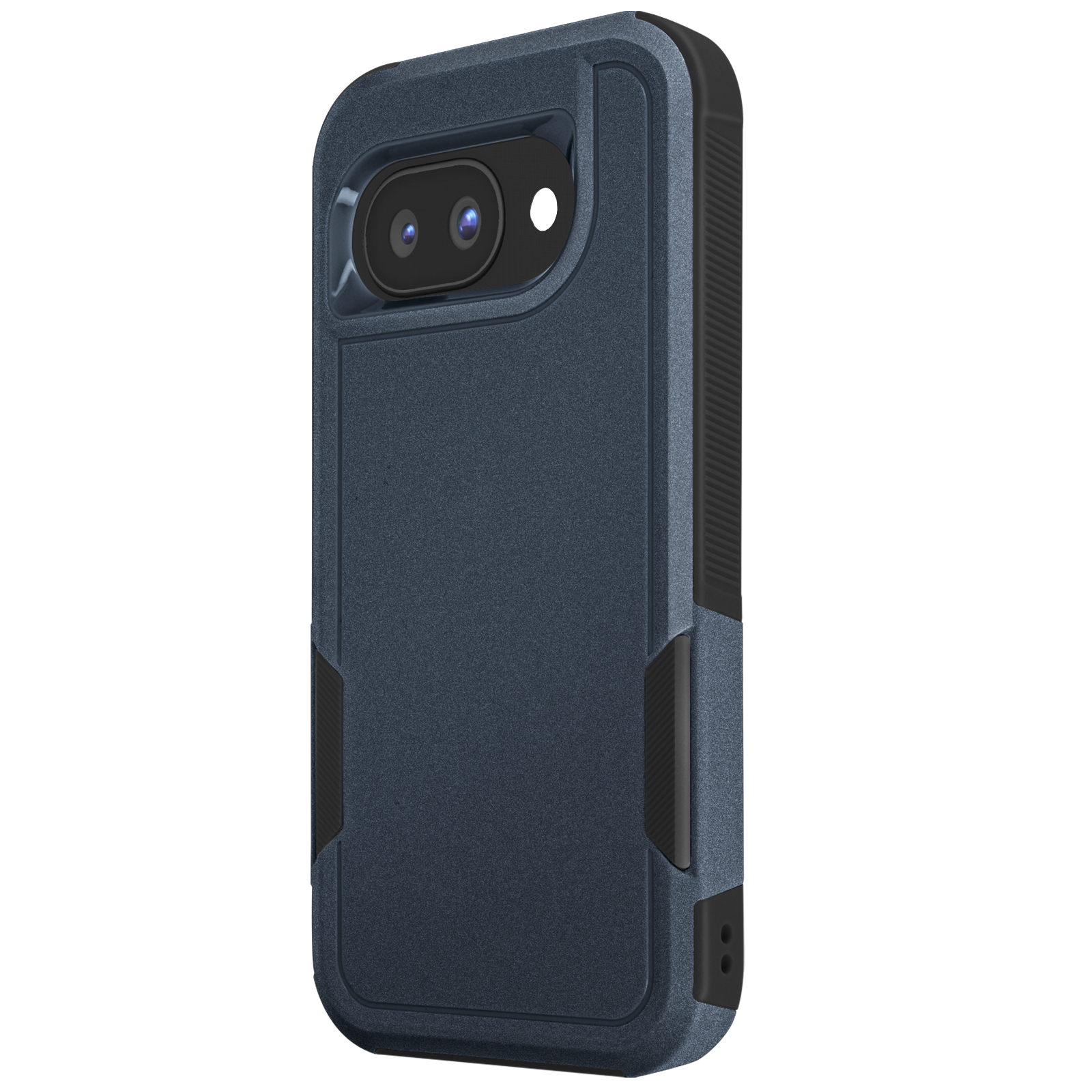 Custodia per telefono blu scuro con dettagli neri e doppia fotocamera.