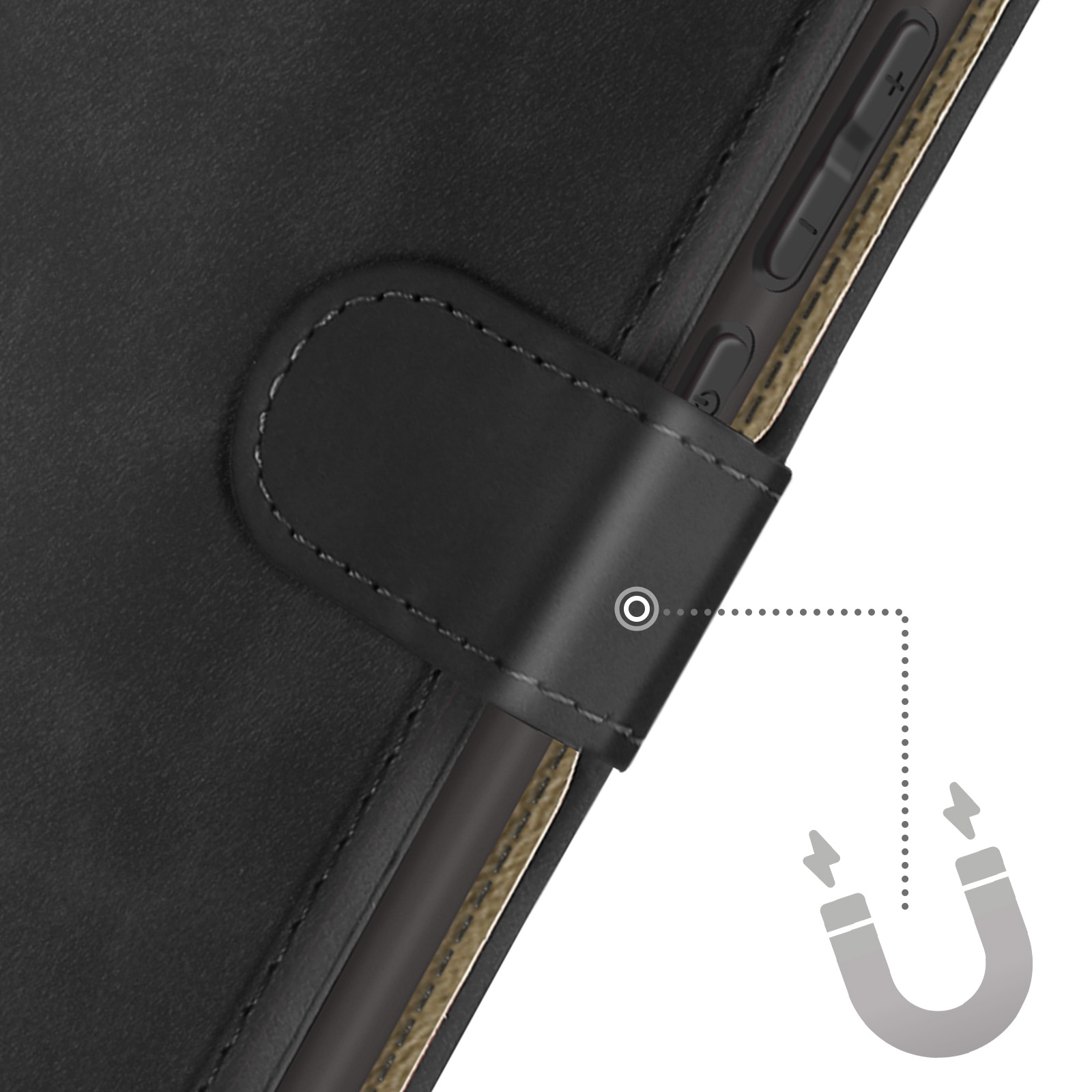 Custodia per telefono in pelle nera con chiusura magnetica. Bordo del telefono dorato visibile.