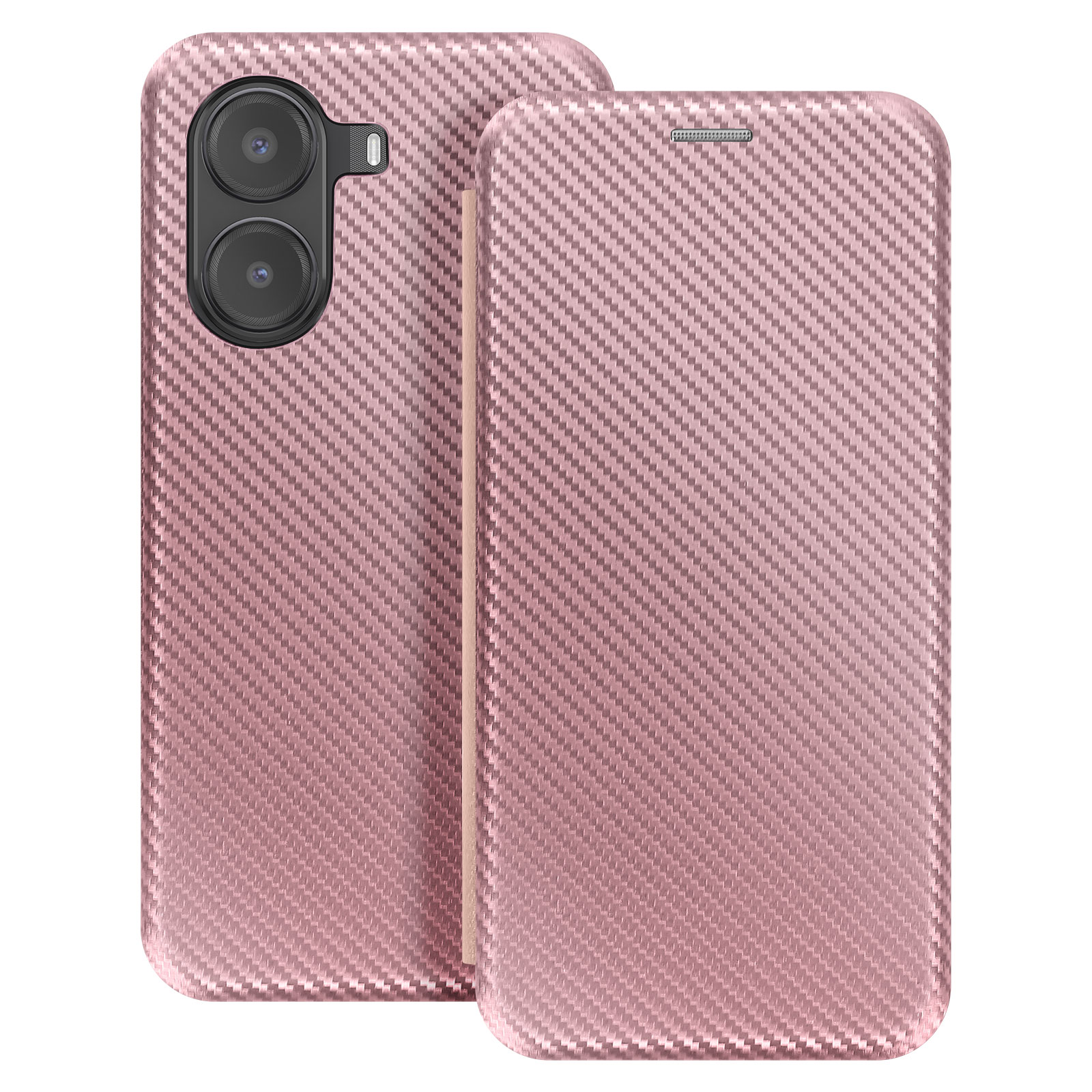 Custodia per telefono rosa con un motivo strutturato. Ha ritagli per fotocamere e una copertura pieghevole.