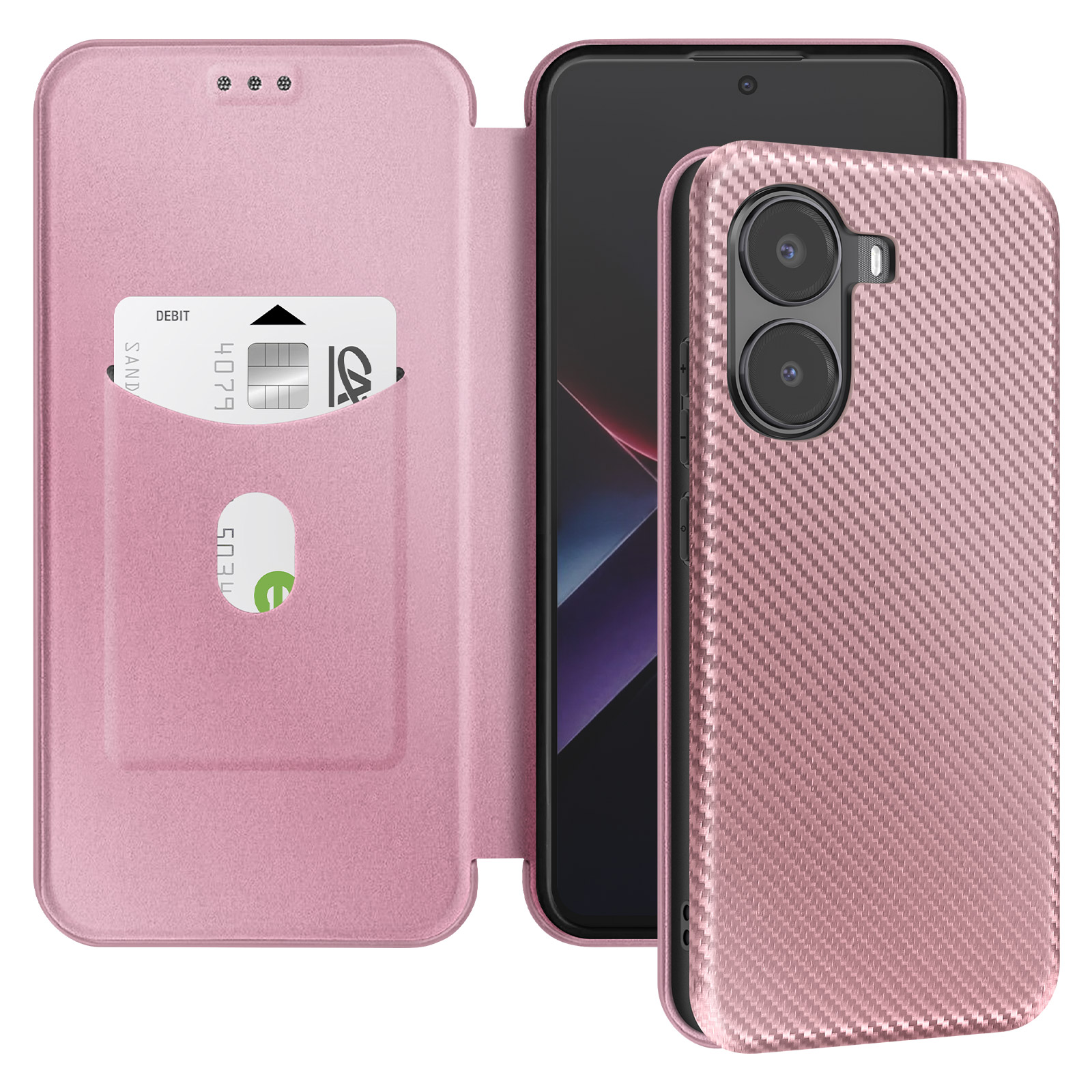 Custodia per telefono rosa con telefono all'interno, carta di credito e tasca. Sfondo bianco.