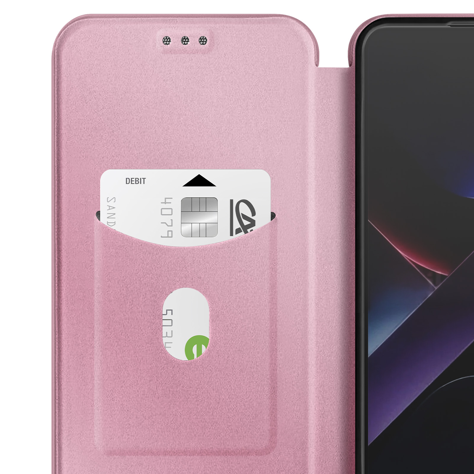 Custodia rosa per telefono aperta, che mostra un telefono e uno slot per schede con una carta di debito.