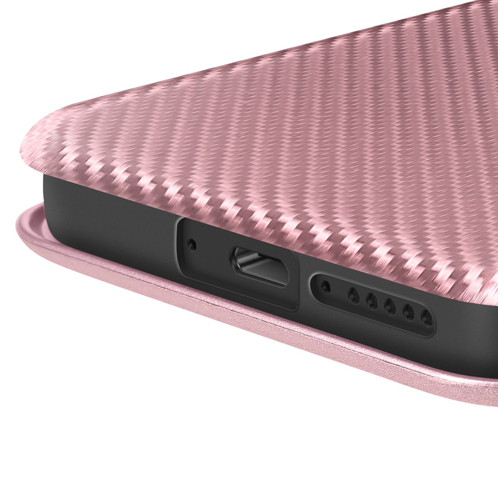Primo piano di un telefono. Custodia rosa strutturata attorno al telefono. Porte visibili. Sfondo nero.
