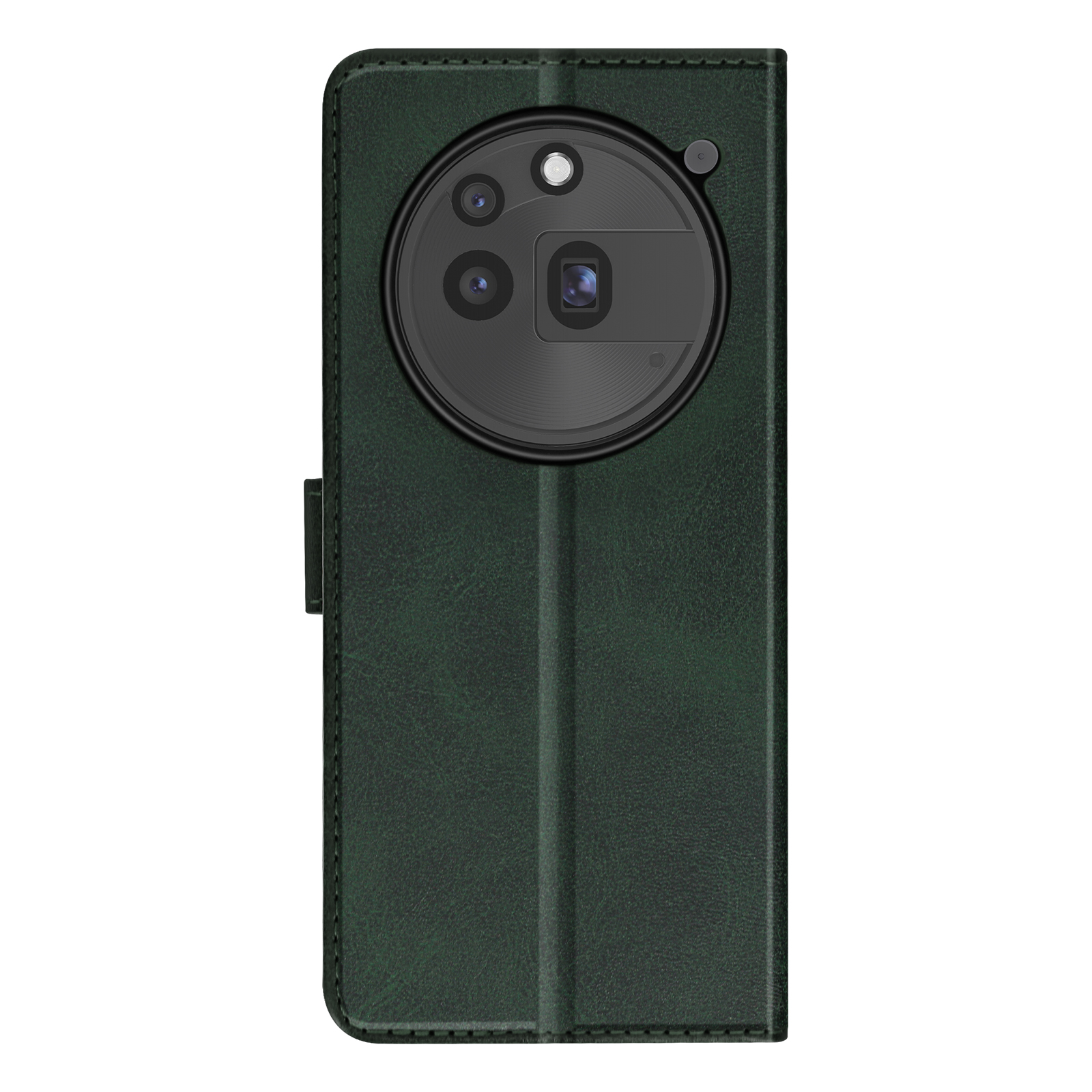Custodia per telefono verde scuro con ritaglio per fotocamera. Obiettivi neri.