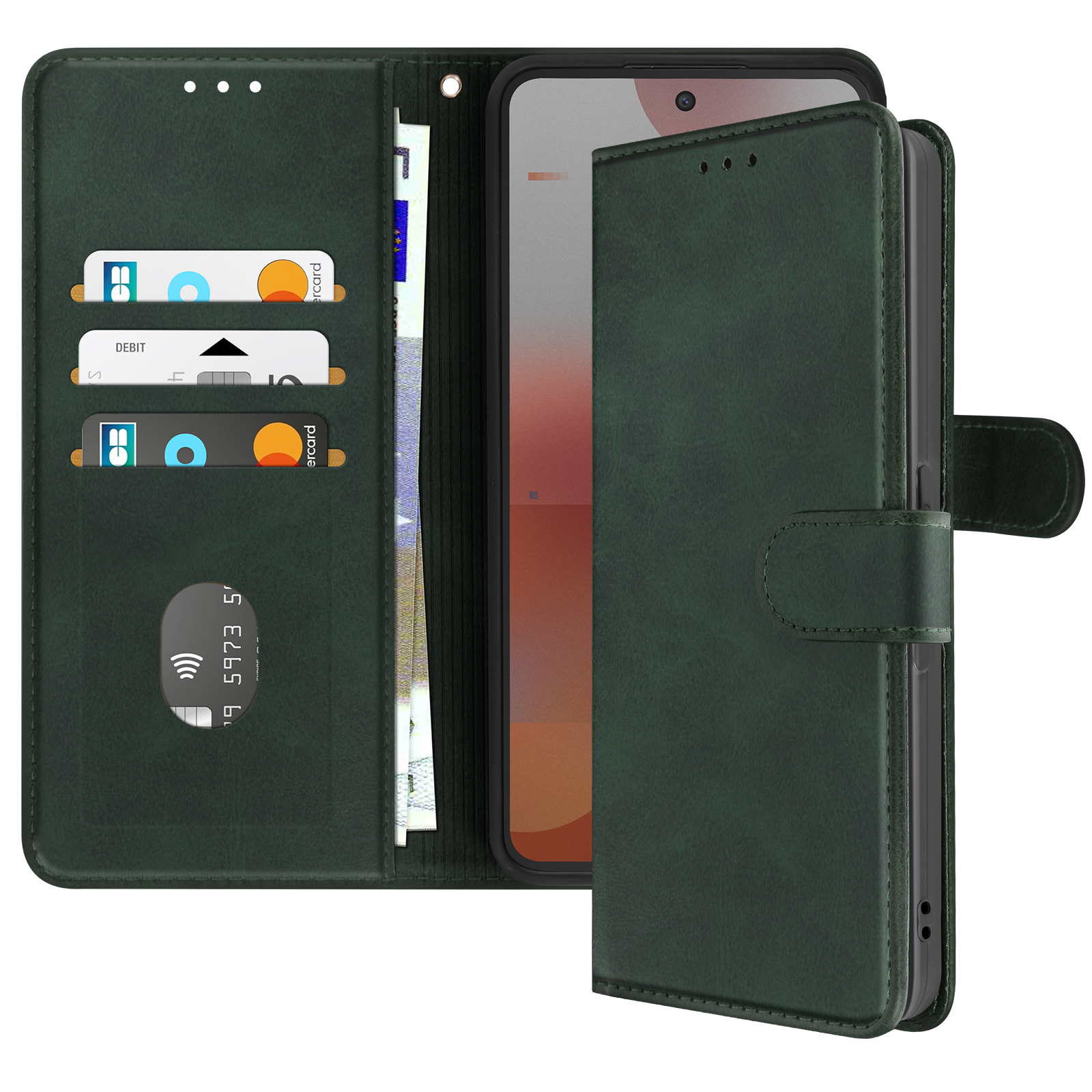 Custodia verde per telefono, aperta, con carte di credito e denaro visibili. Telefono all'interno. Sfondo verde scuro.
