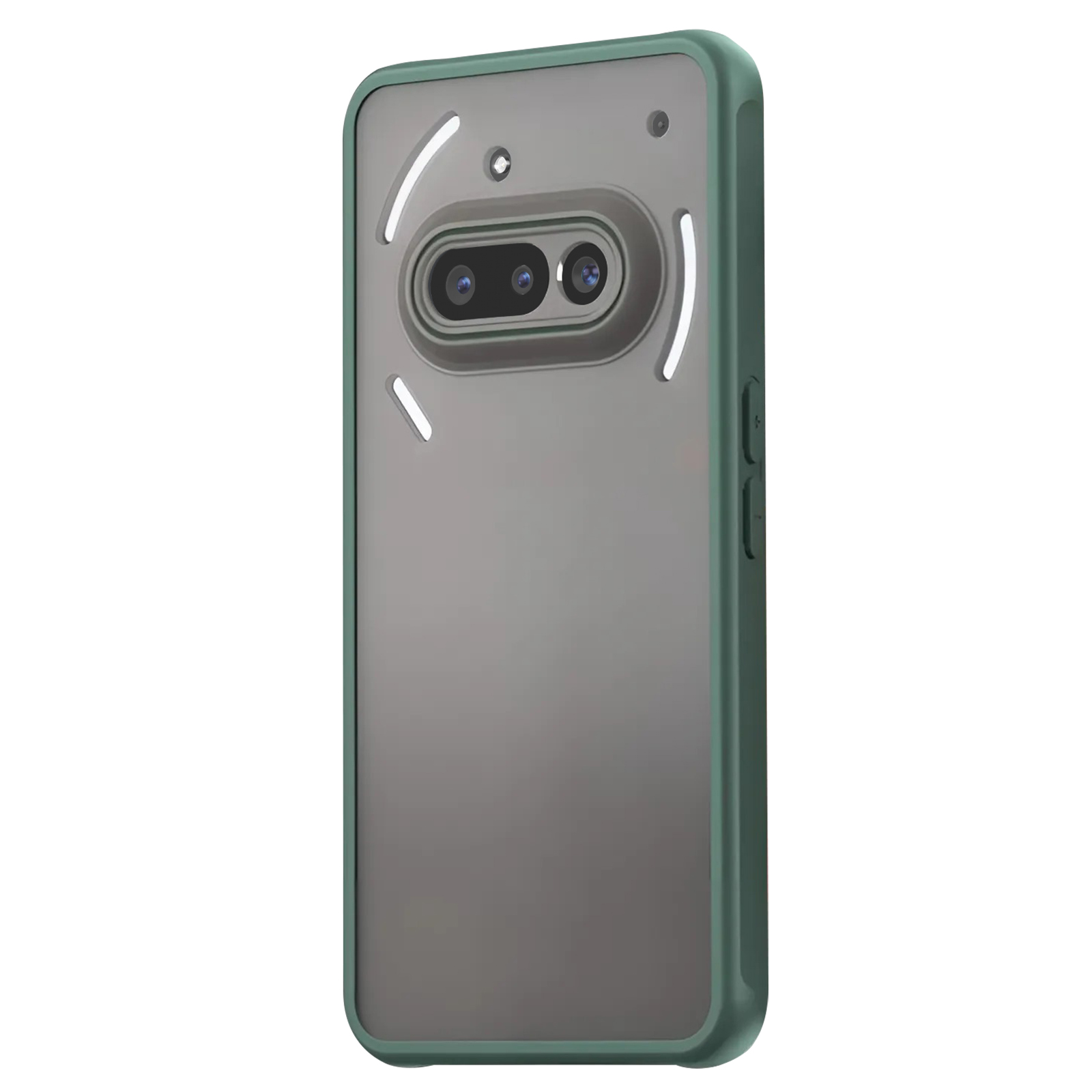 Une coque de téléphone avec un bord vert et un dos transparent. Elle comporte trois lentilles de caméra.