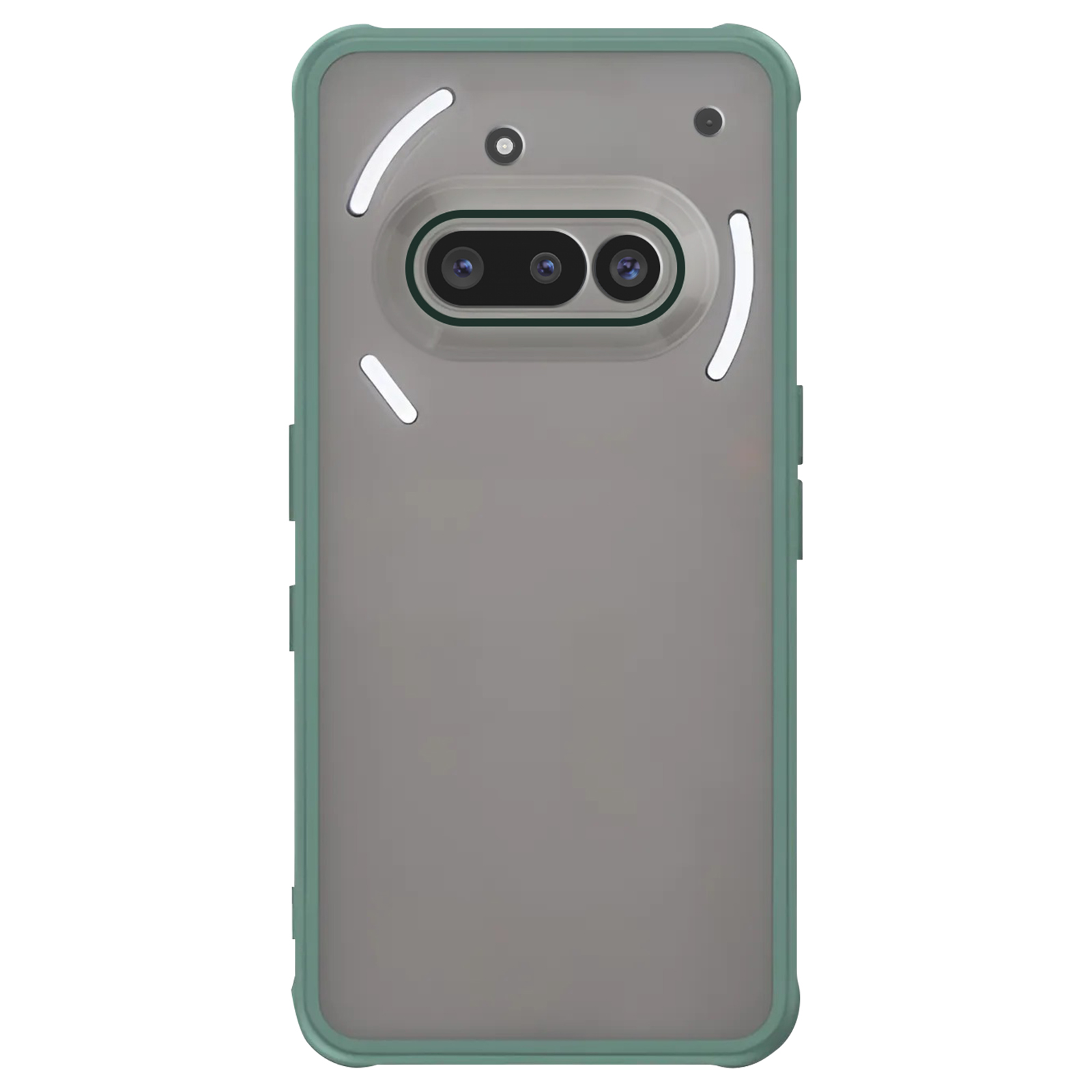 L'arrière d'une coque de téléphone avec une bordure verte et plusieurs objectifs.